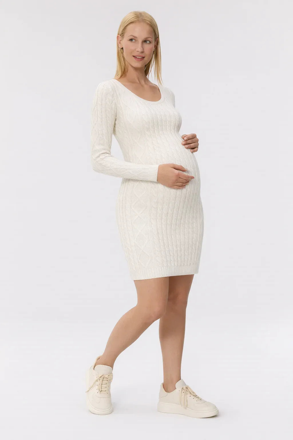 Maternity Knit Sweater Dress with Cable Knit and Round Neck