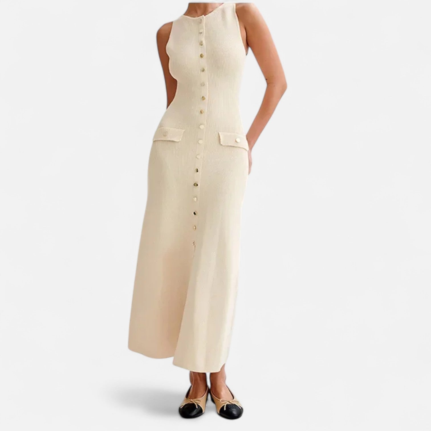 Ancienne Monde | Robe Longue en Maille à Boutons pour Femme – Élégance d’Été Sans Manches