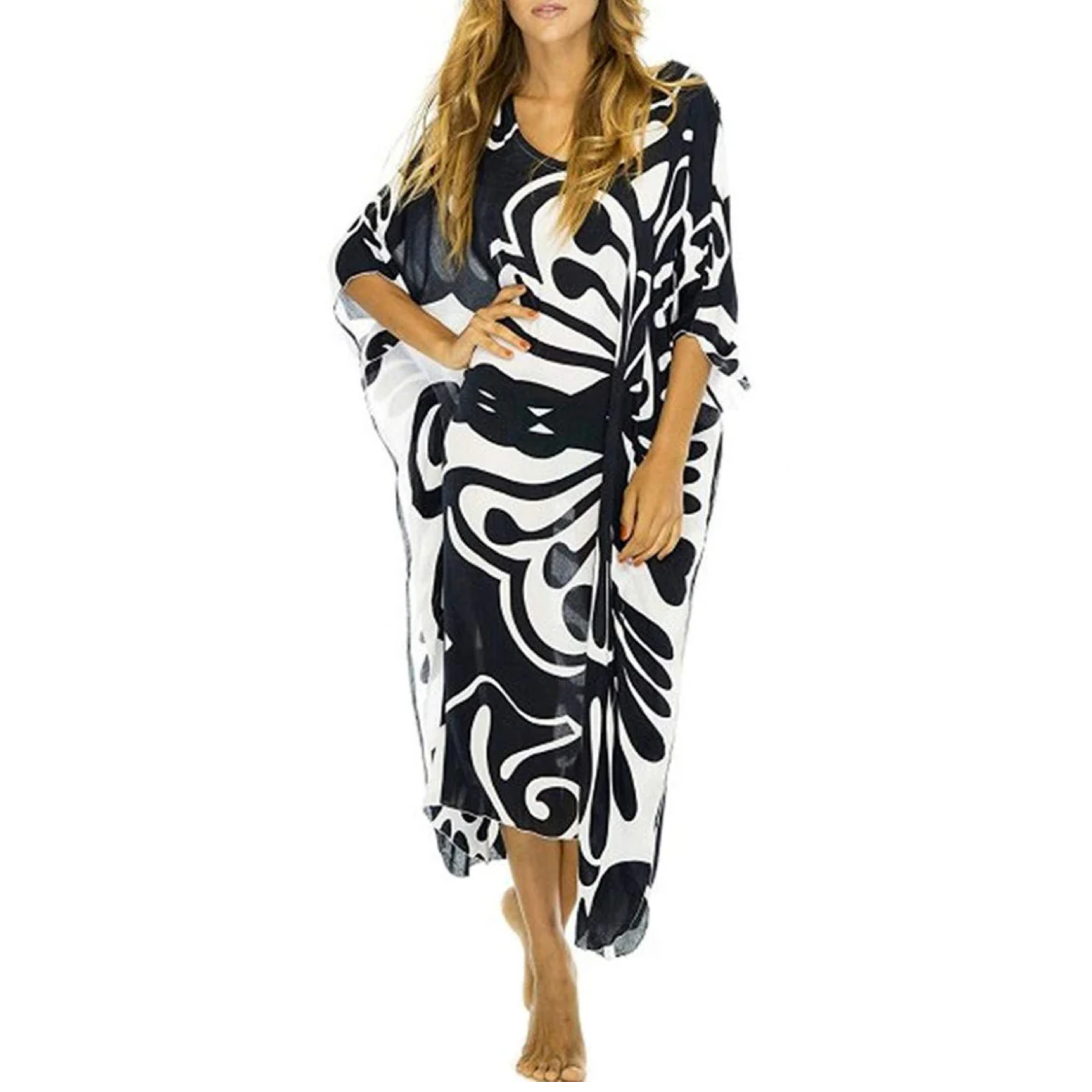 Bata kimono de playa larga — corte amplio — vacaciones de verano