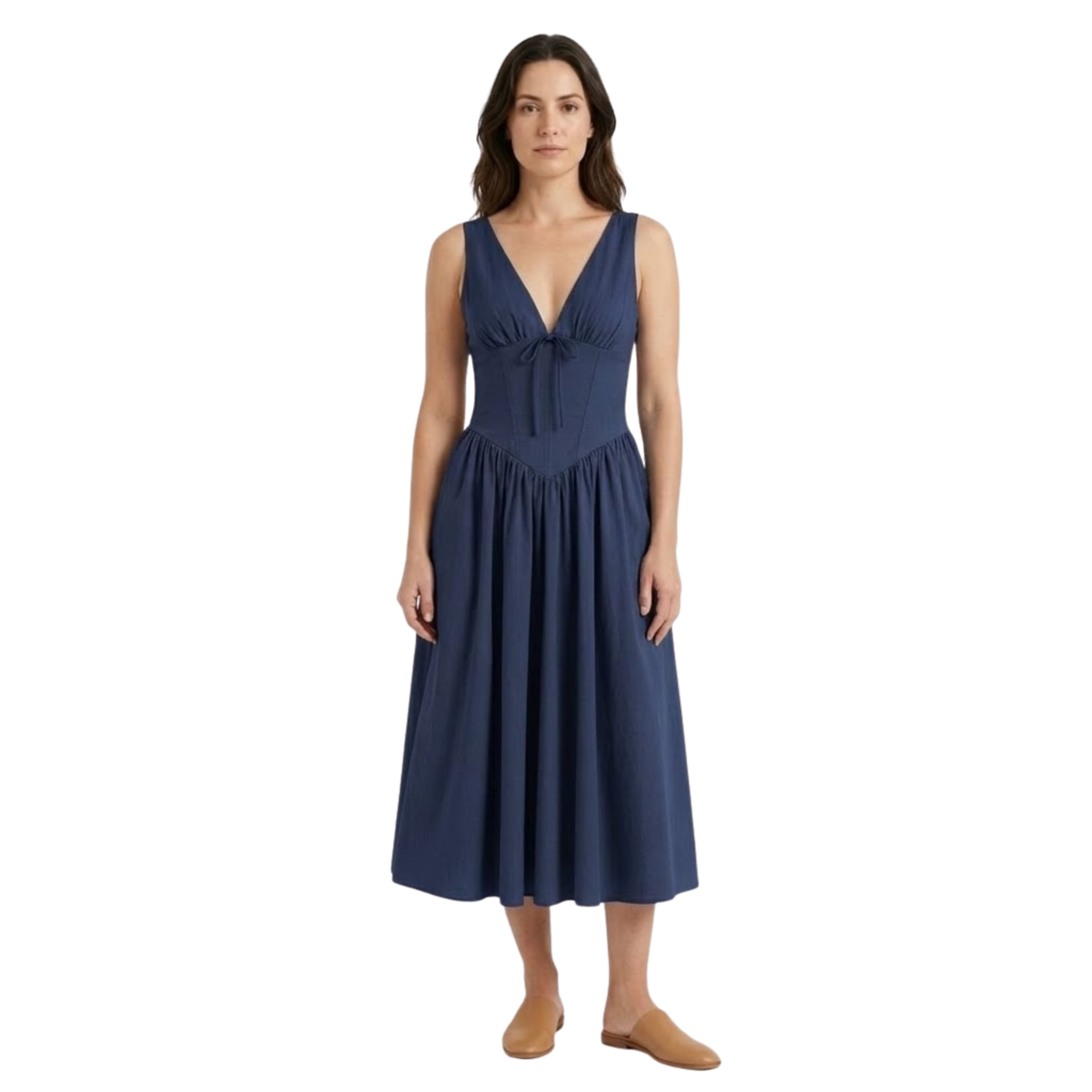 Robe midi evasê com decote em V e cintura marcada