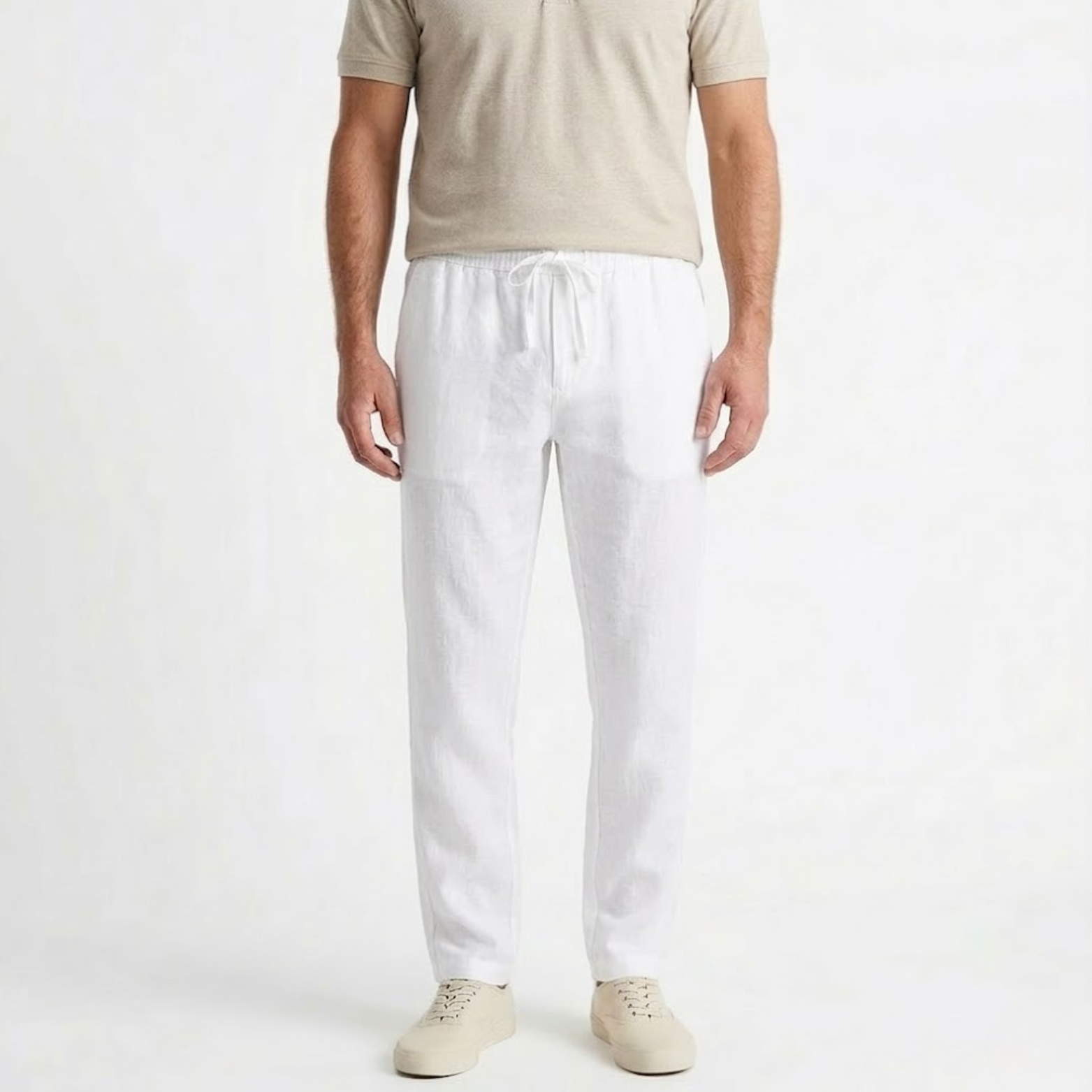Pantaloni bărbați din bumbac și in cu talie elastică și șnur de strângere