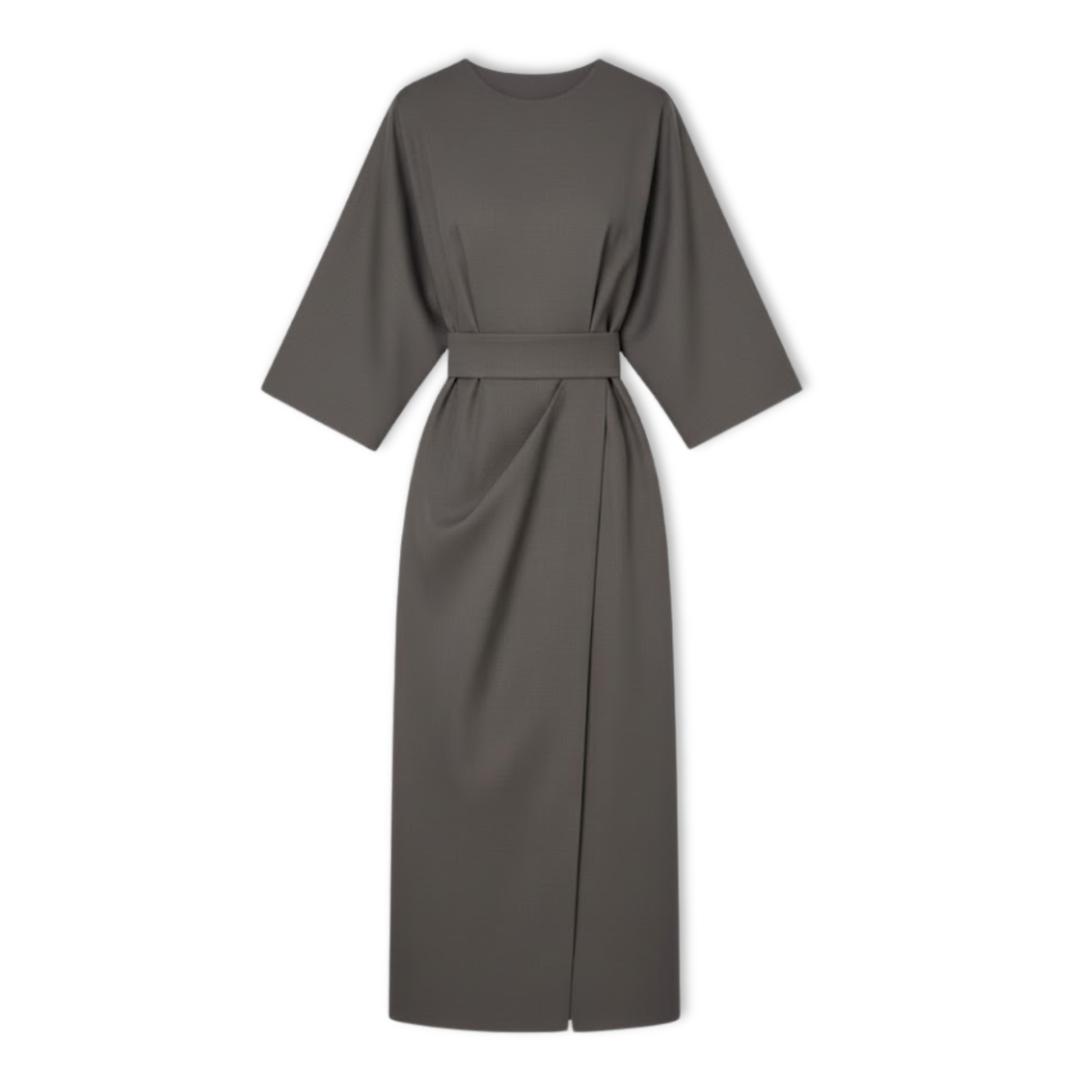 Long women's dress with batwing sleeves and a fitted waist, flowing silhouette