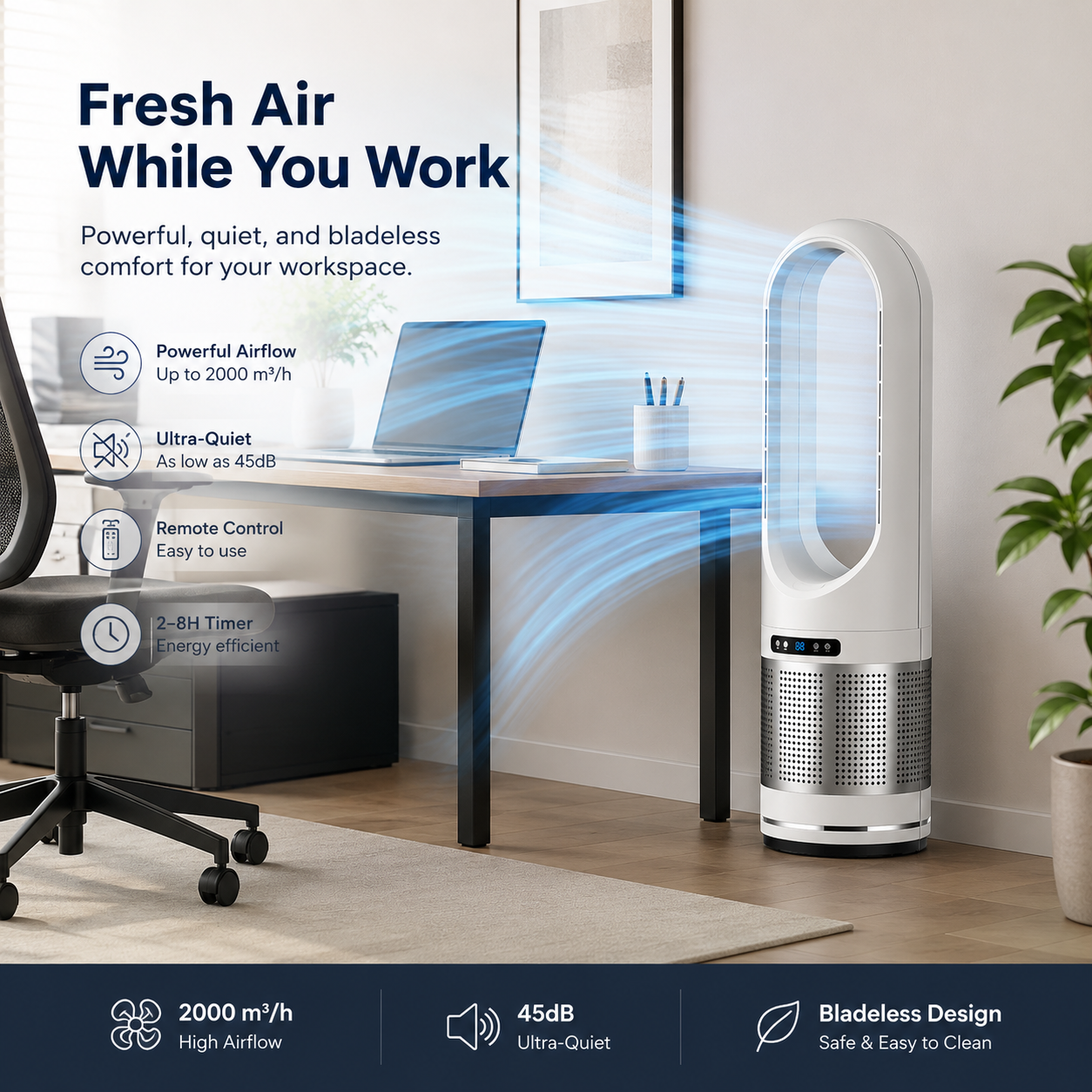 Ventilador de columna sin aspas con control remoto y oscilación