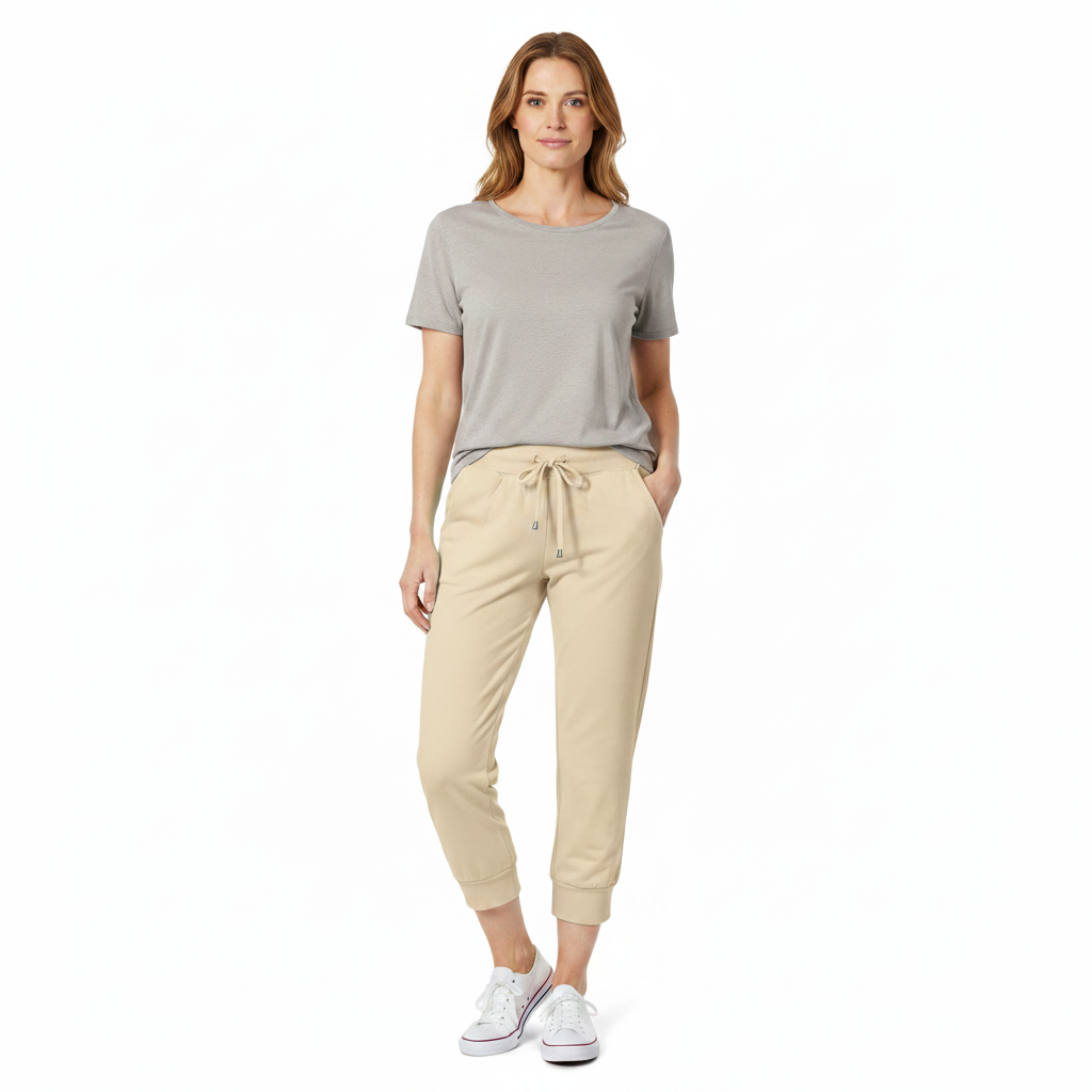 Pantalón capri en textil ligero con cintura elástica y cordón ajustable