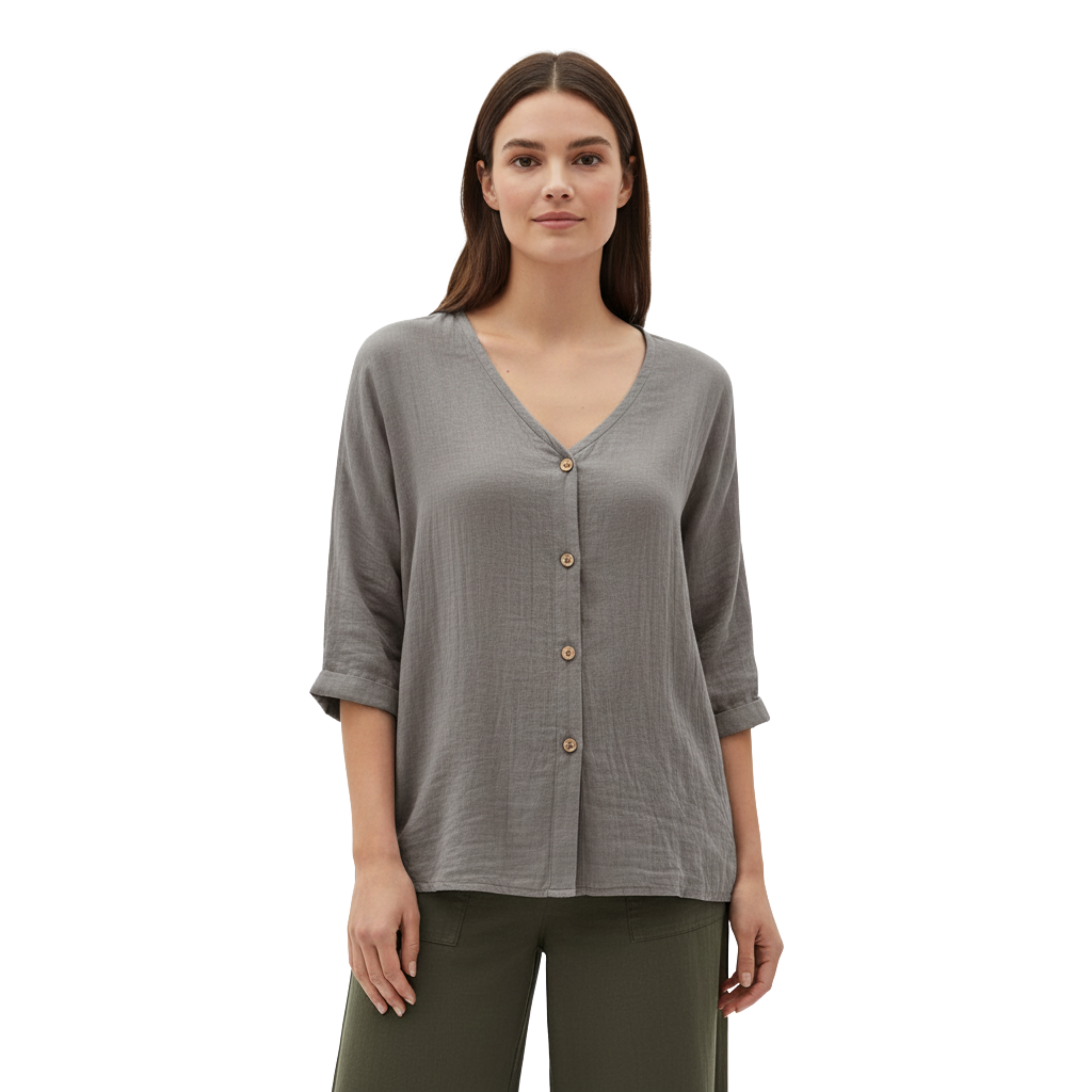 Blusa da donna con scollo a V, bottoni e maniche 3/4 in lino e cotone