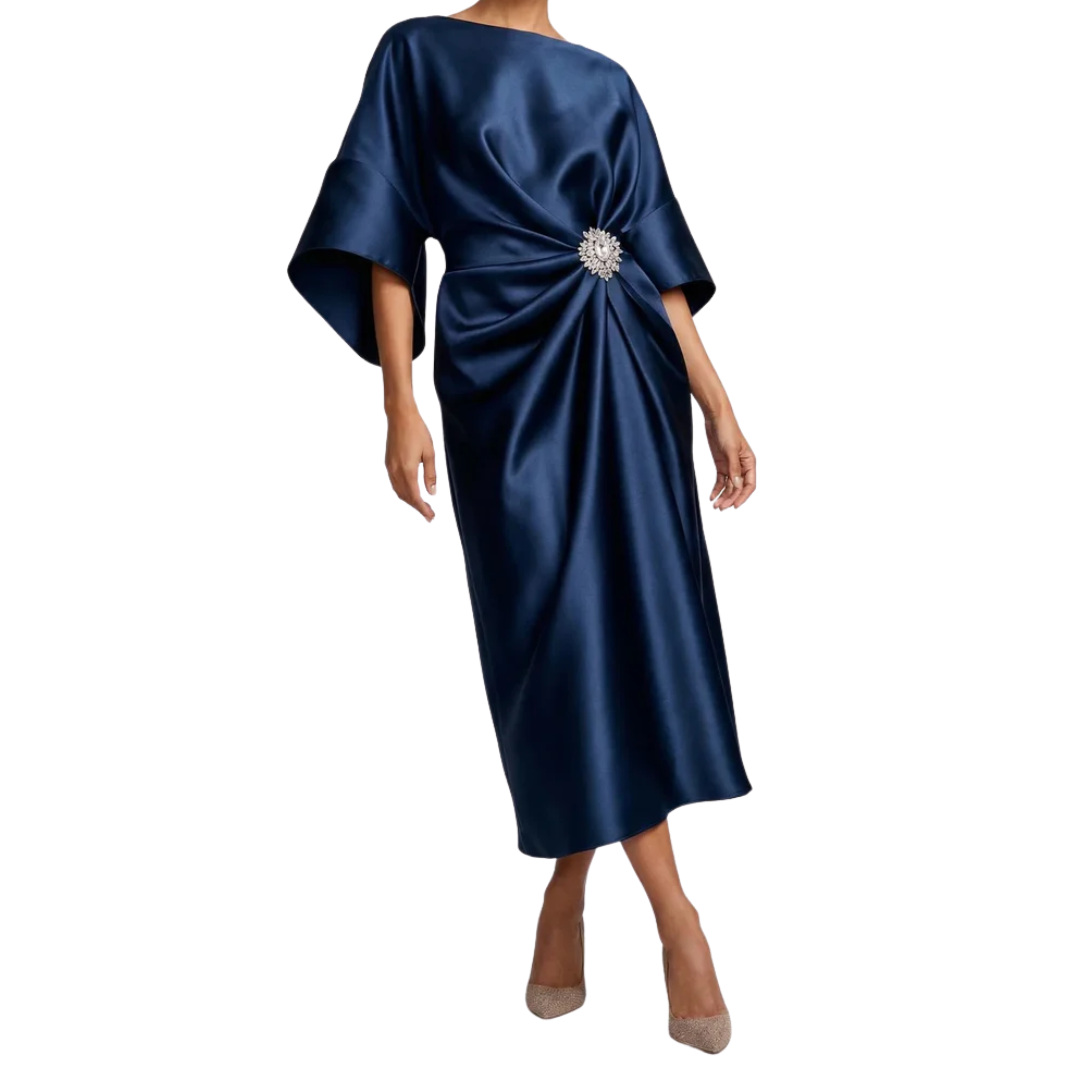 Vestido de Noche Midi Satinado para Invitada de Boda con Mangas Murciélago