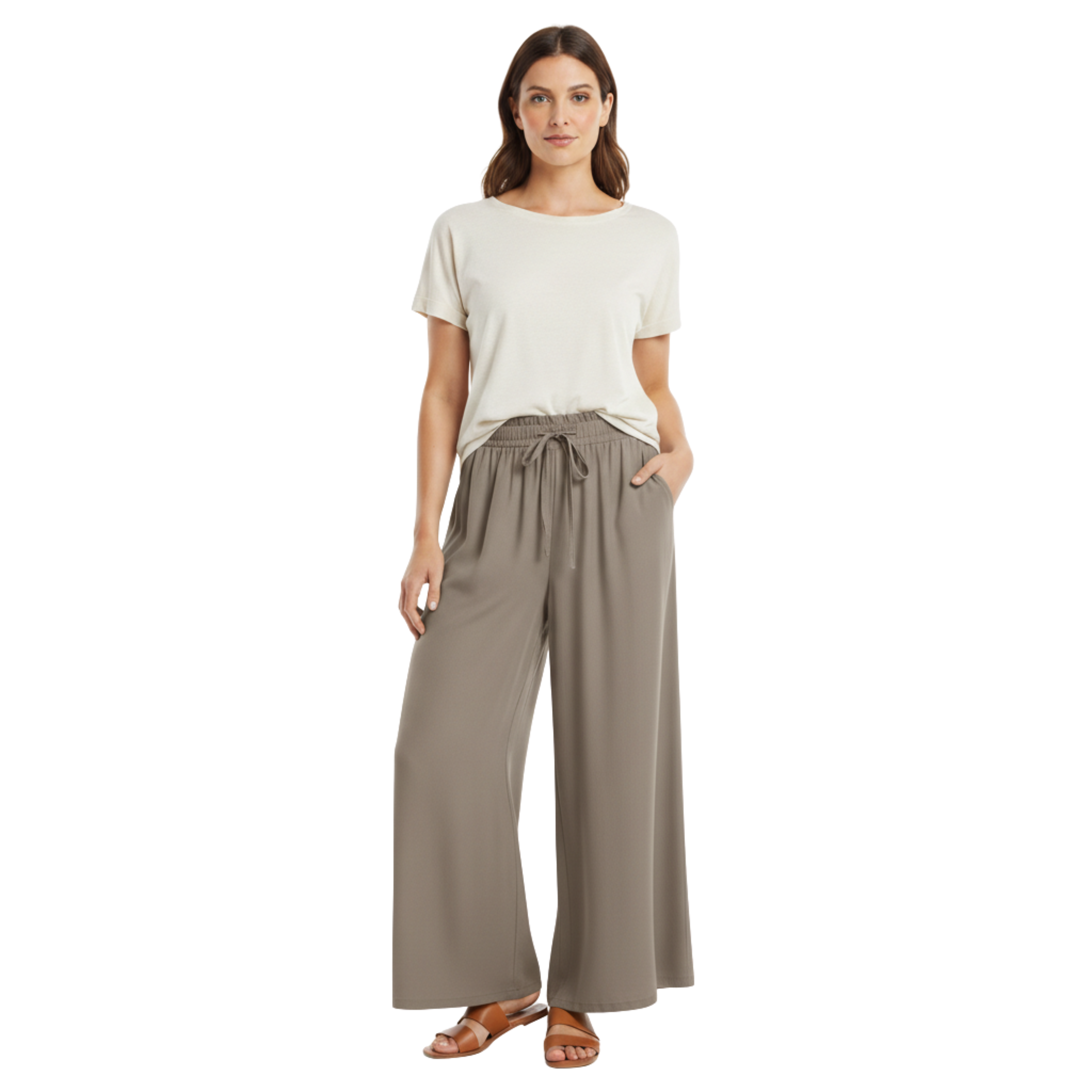 Luźne spodnie damskie z szerokimi nogawkami, elastyczną talią i kieszeniami