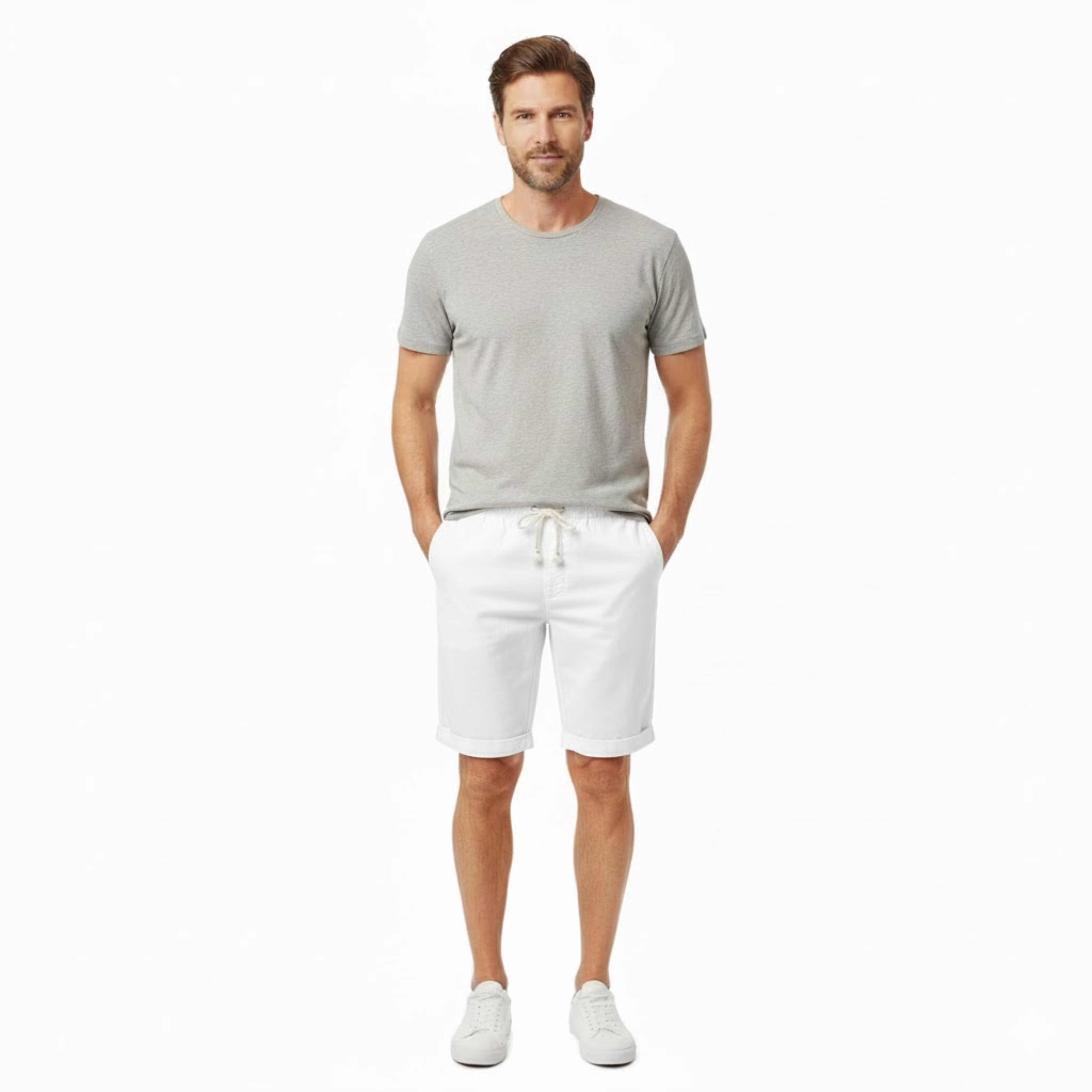 Shorts für Herren aus 100 % Leinen mit elastischem Bund und Kordelzug, gerade geschnitten