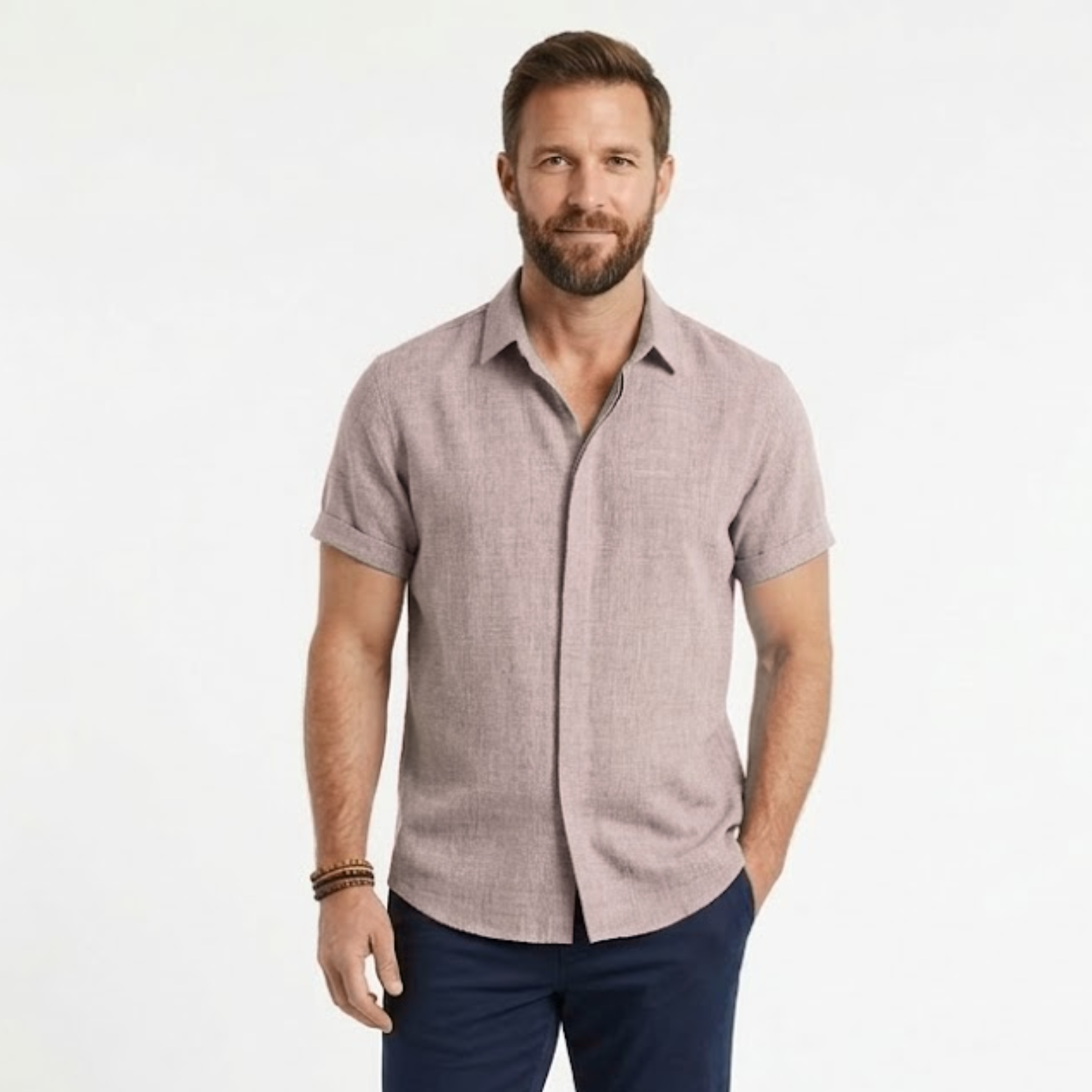Chemise en Coton et Lin à Manches Courtes avec Col Rabattu pour Homme