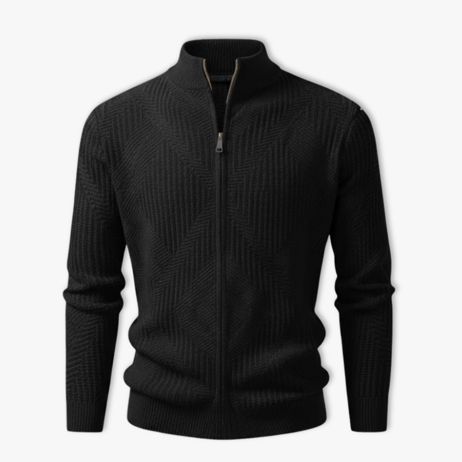 Men's knitted jacket with geometric patterns and protective stand-up collar