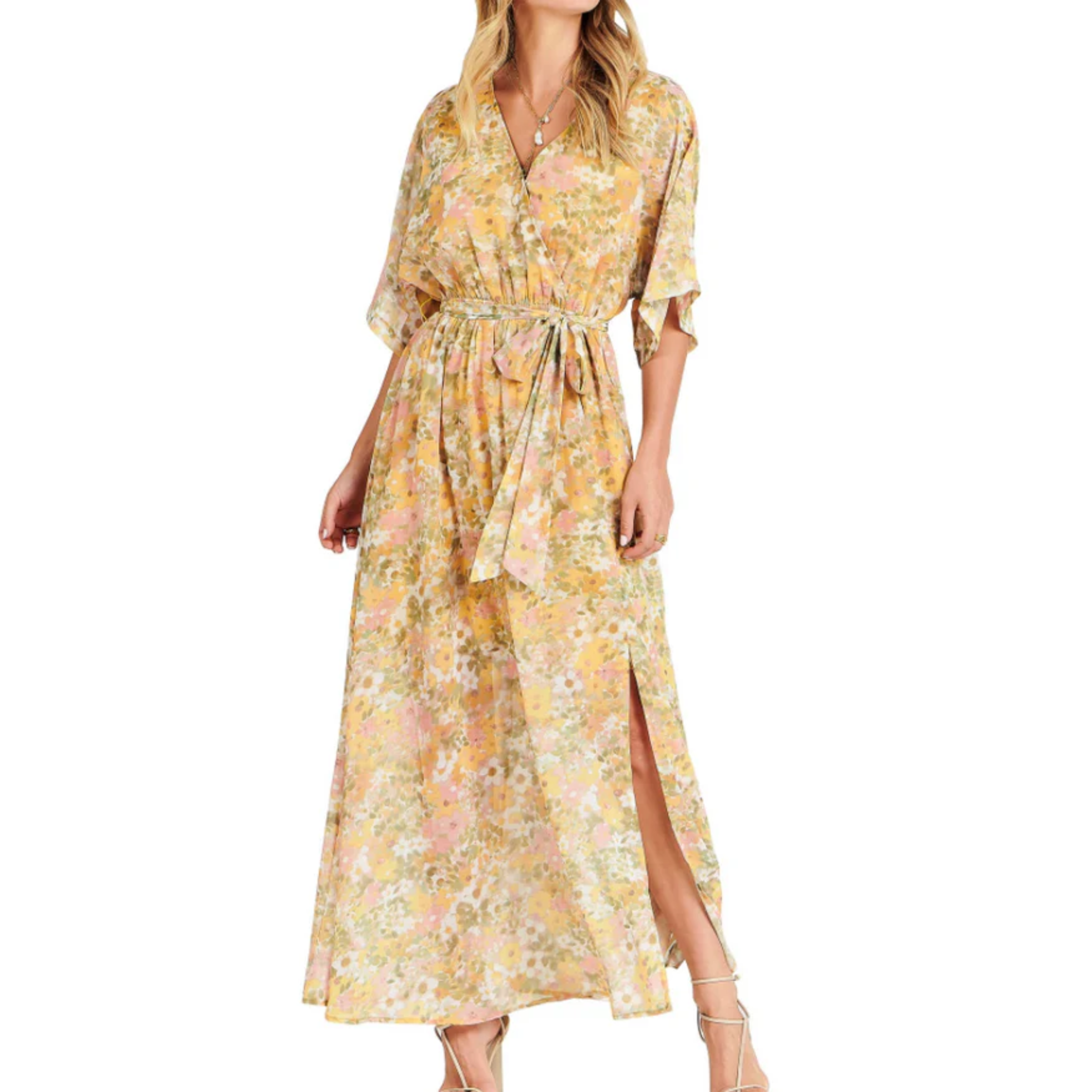 Maxi kimono kjole med blomster — boheme stil — sommerferie