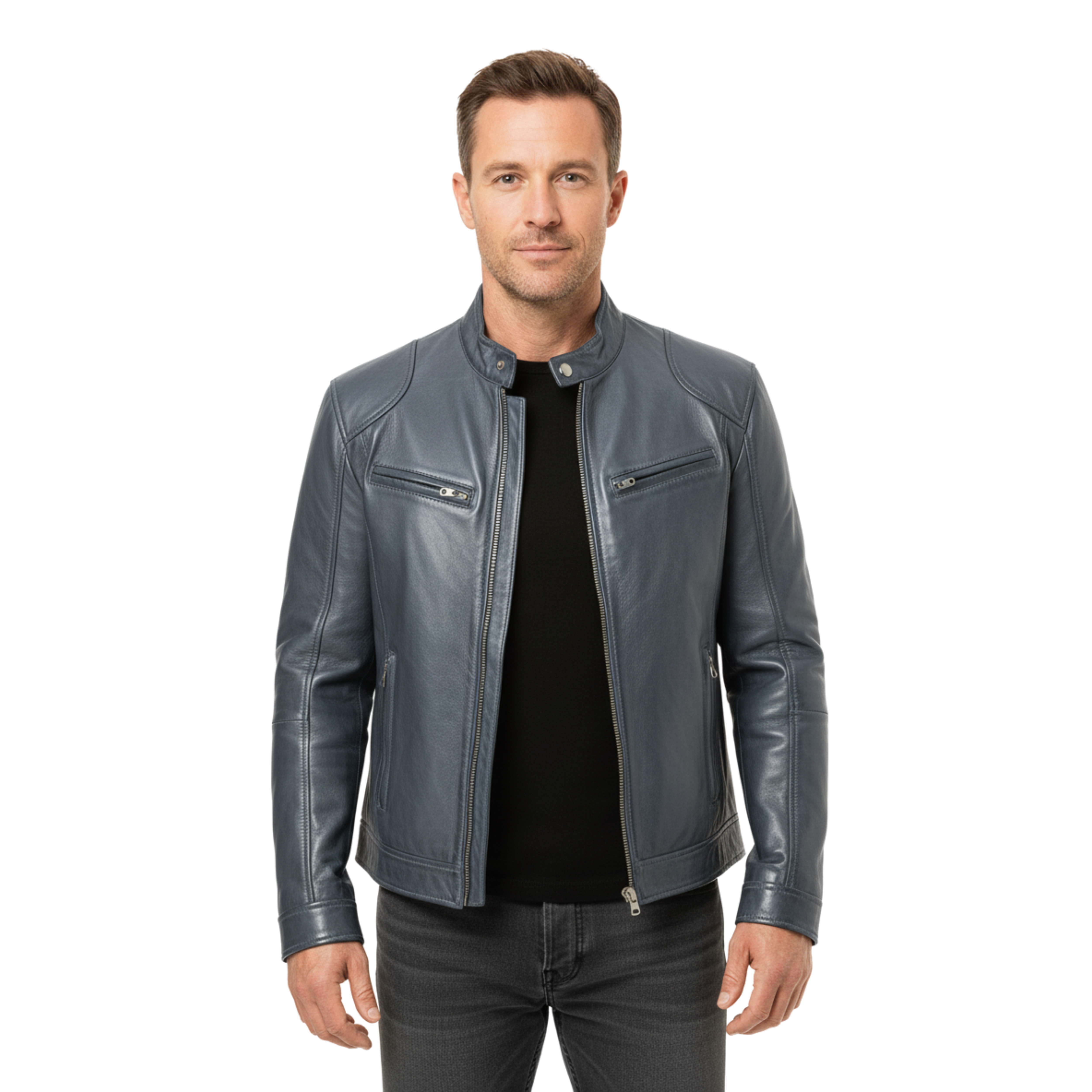 Herre lædervest med officerkrave og lynlåslommer, tætsiddende pasform