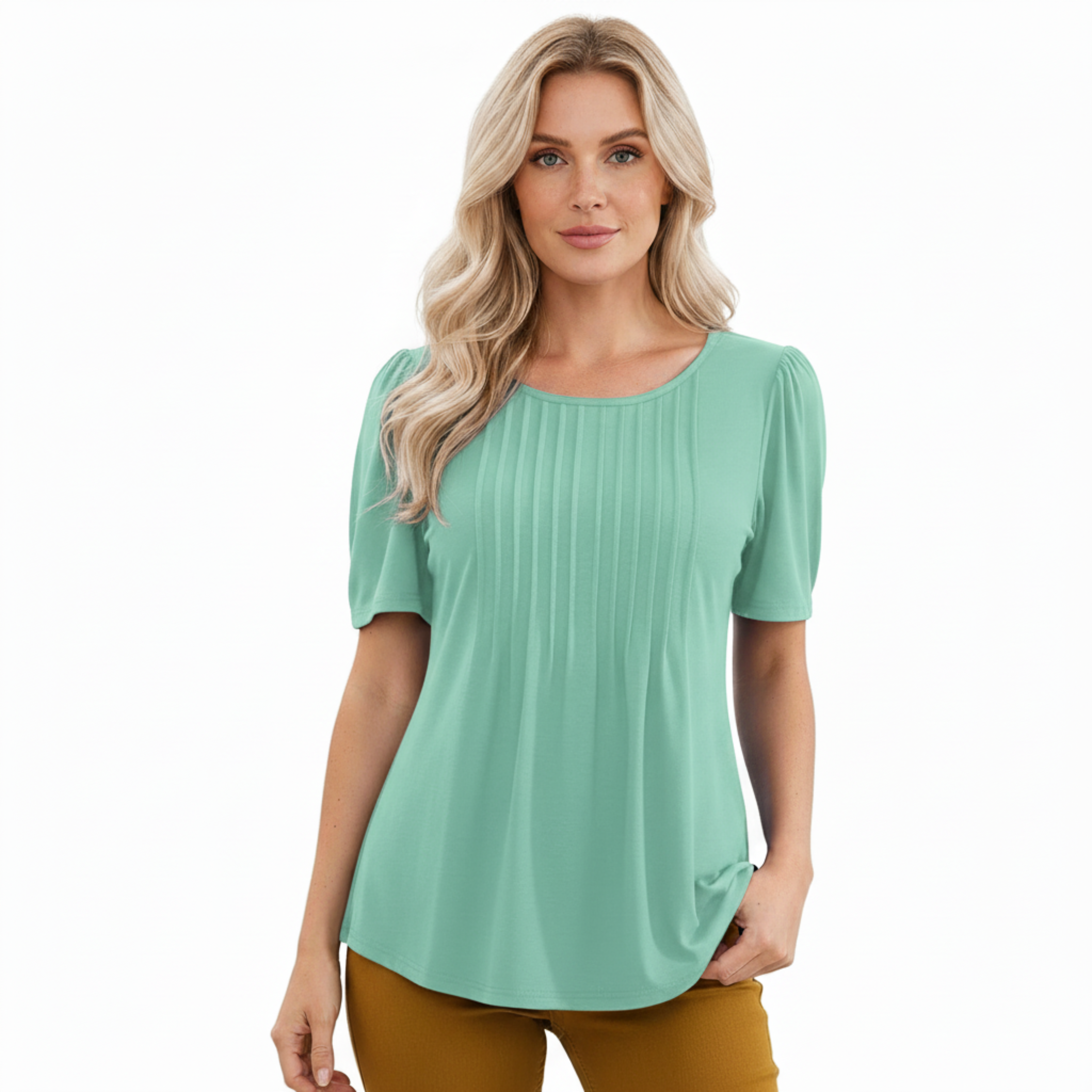 Camiseta de manga corta para mujer con cuello redondo acampanado y detalles plisados