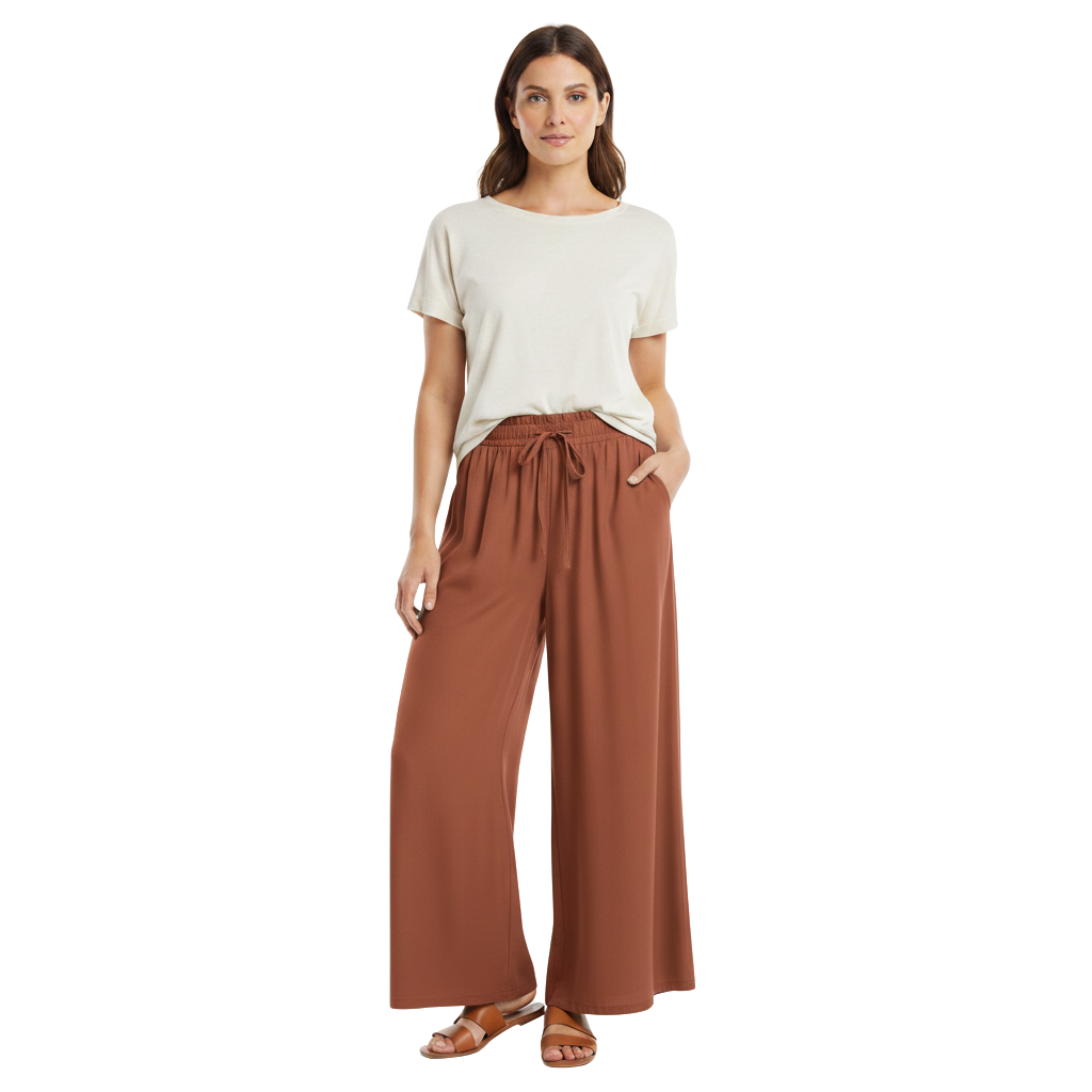 Luźne spodnie damskie z szerokimi nogawkami, elastyczną talią i kieszeniami