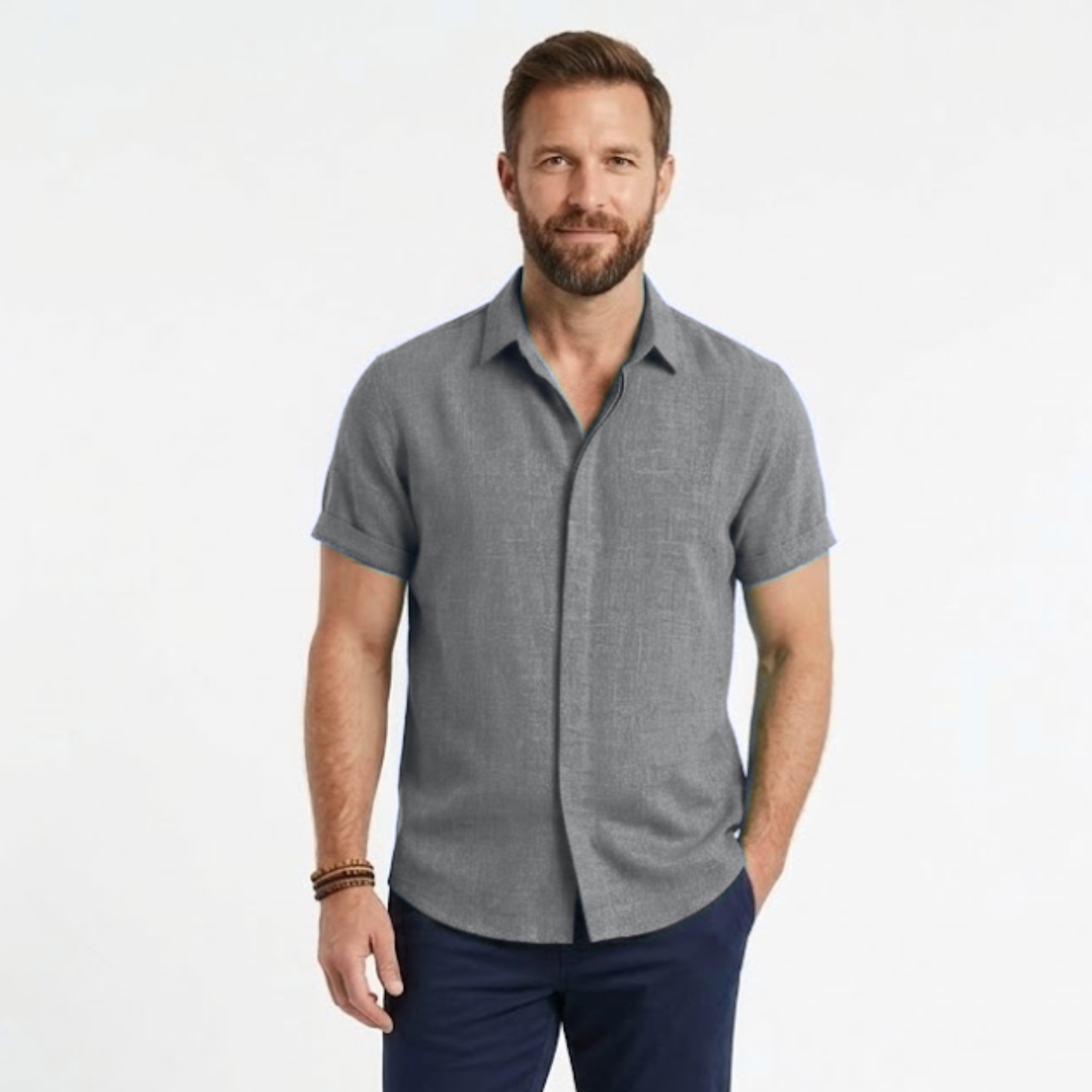 Chemise en Coton et Lin à Manches Courtes avec Col Rabattu pour Homme
