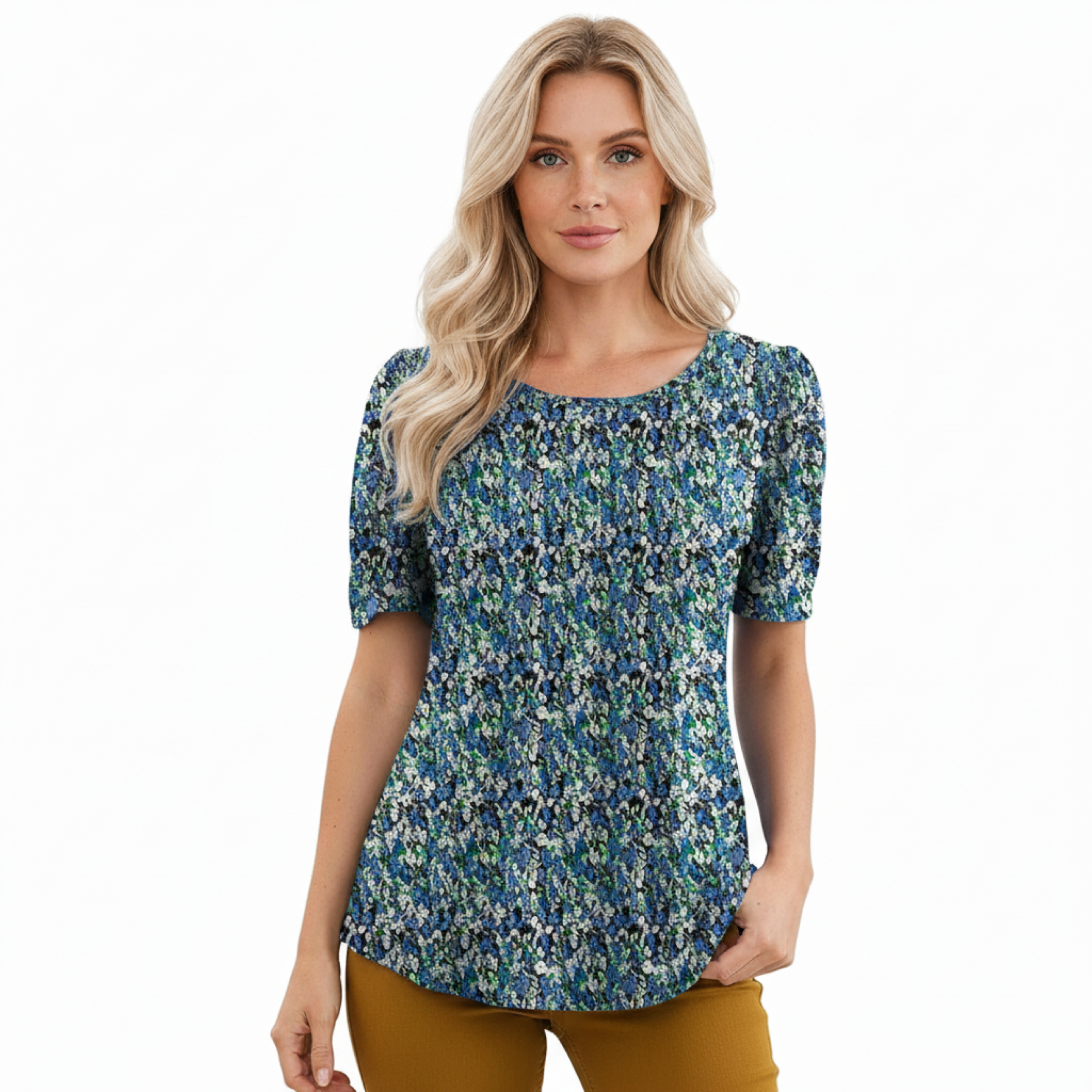 Camiseta de manga corta para mujer con cuello redondo acampanado y detalles plisados