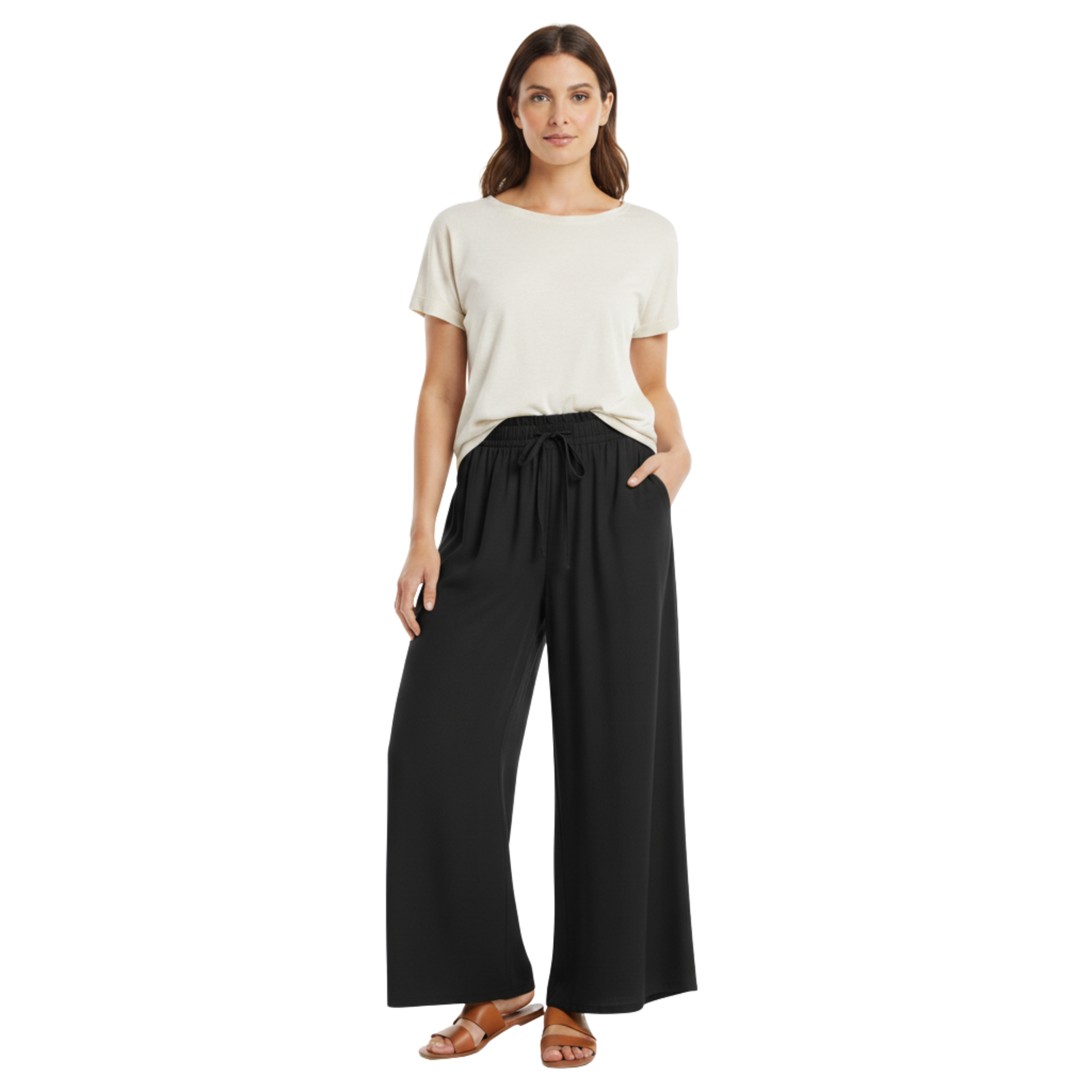 Luźne spodnie damskie z szerokimi nogawkami, elastyczną talią i kieszeniami