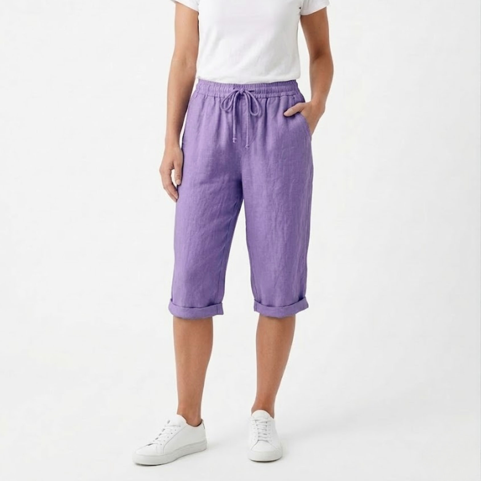 Pantaloni scurți din bumbac și in cu talie elastică și buzunare pentru femei