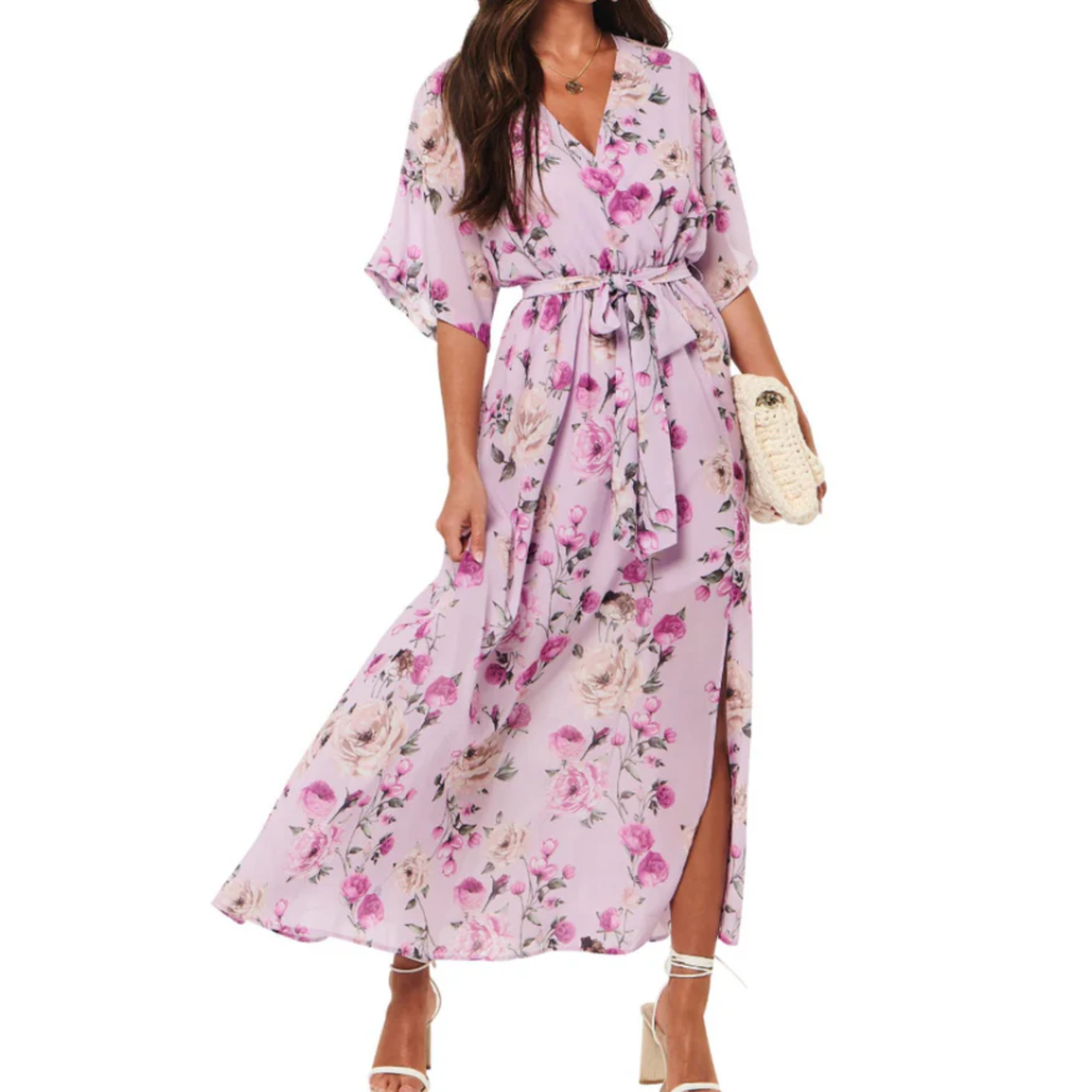 Maxi kimono kjole med blomster — boheme stil — sommerferie
