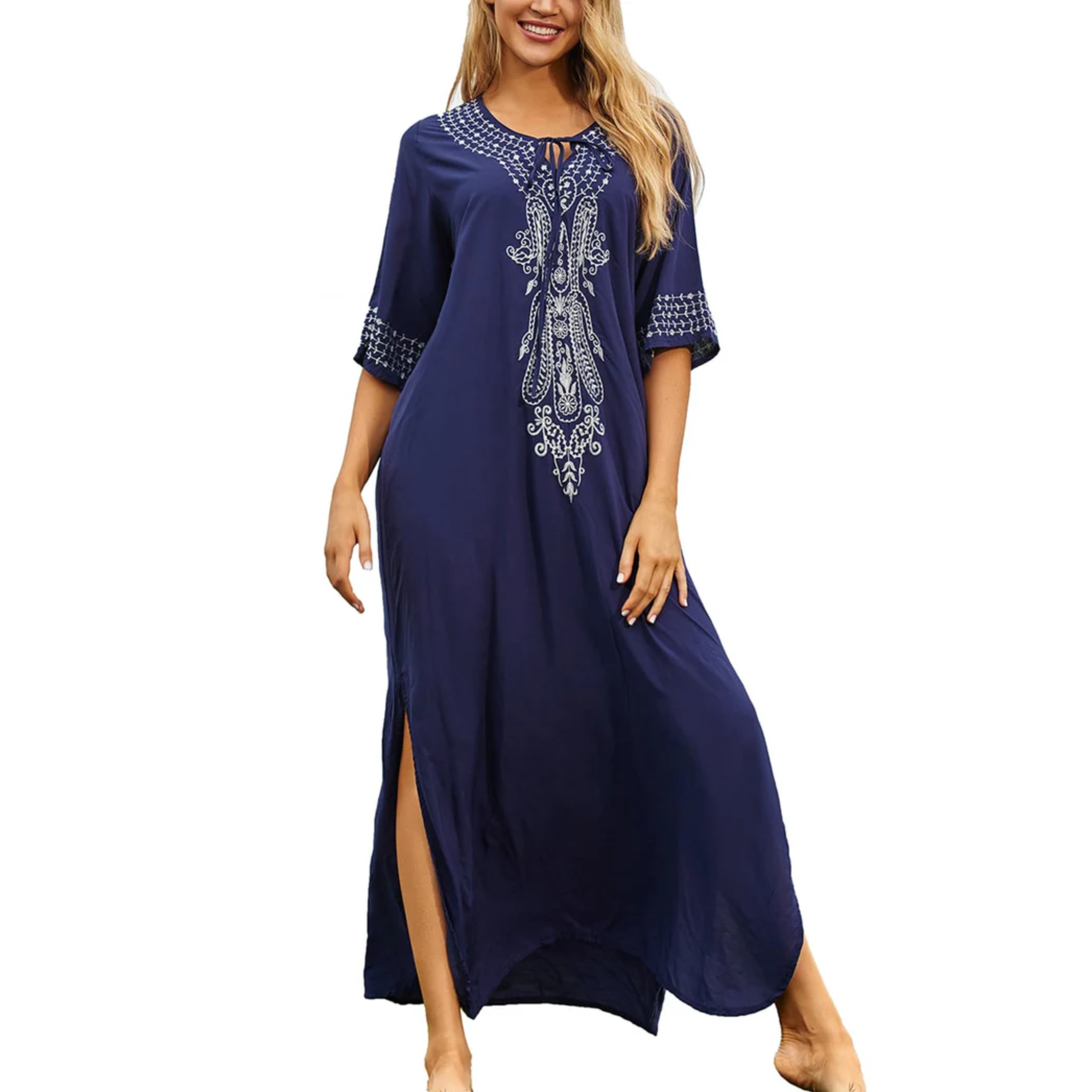 Bata kimono de playa larga — corte amplio — vacaciones de verano