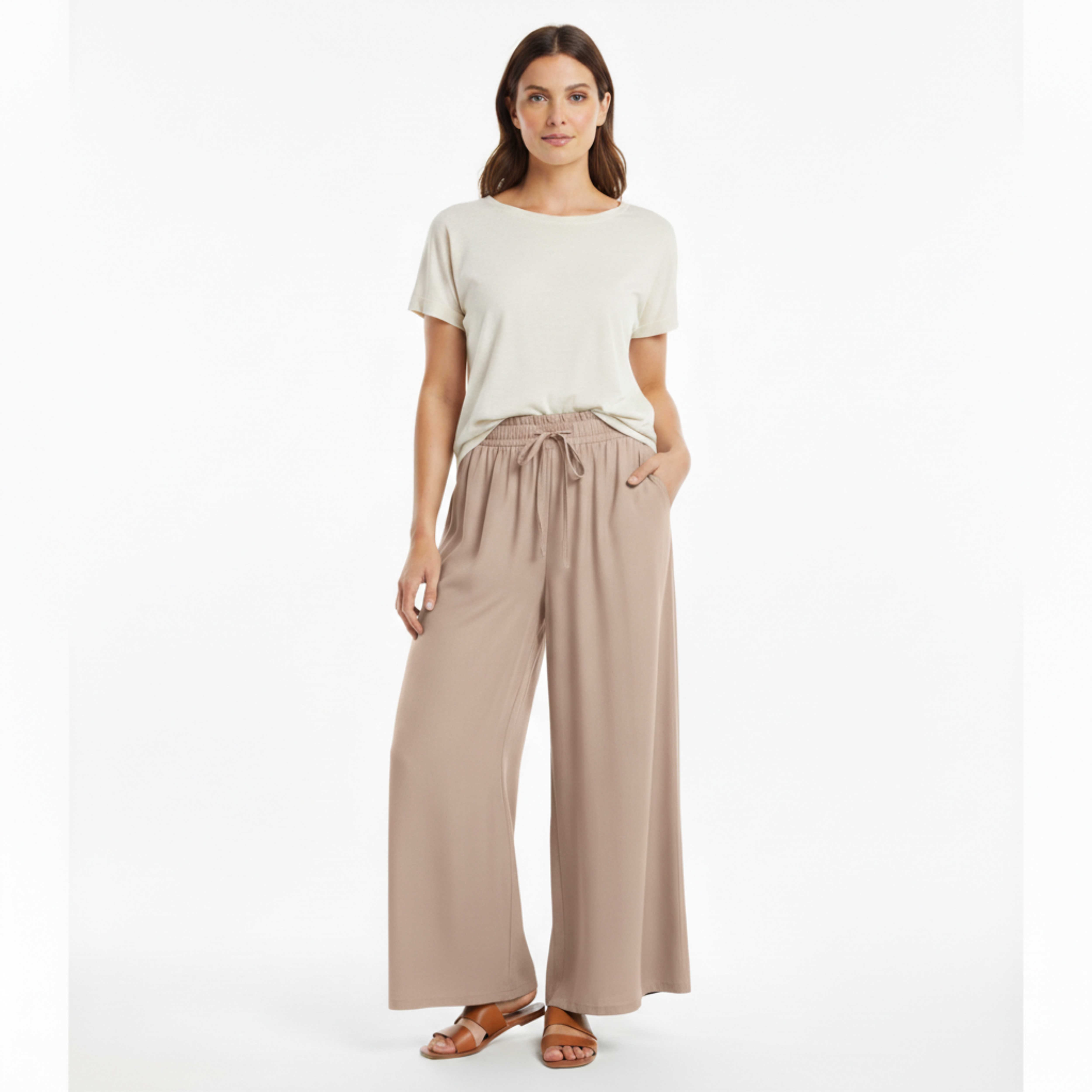 Luźne spodnie damskie z szerokimi nogawkami, elastyczną talią i kieszeniami