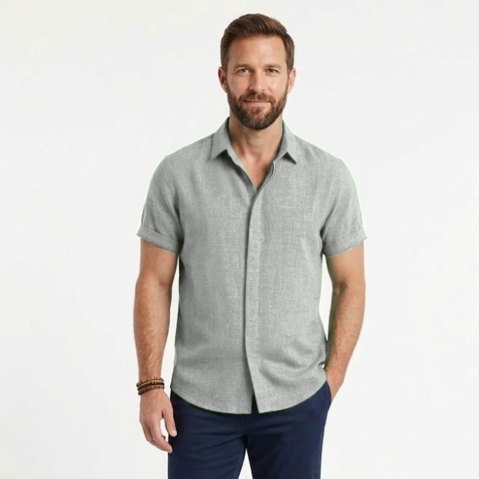 Chemise en Coton et Lin à Manches Courtes avec Col Rabattu pour Homme