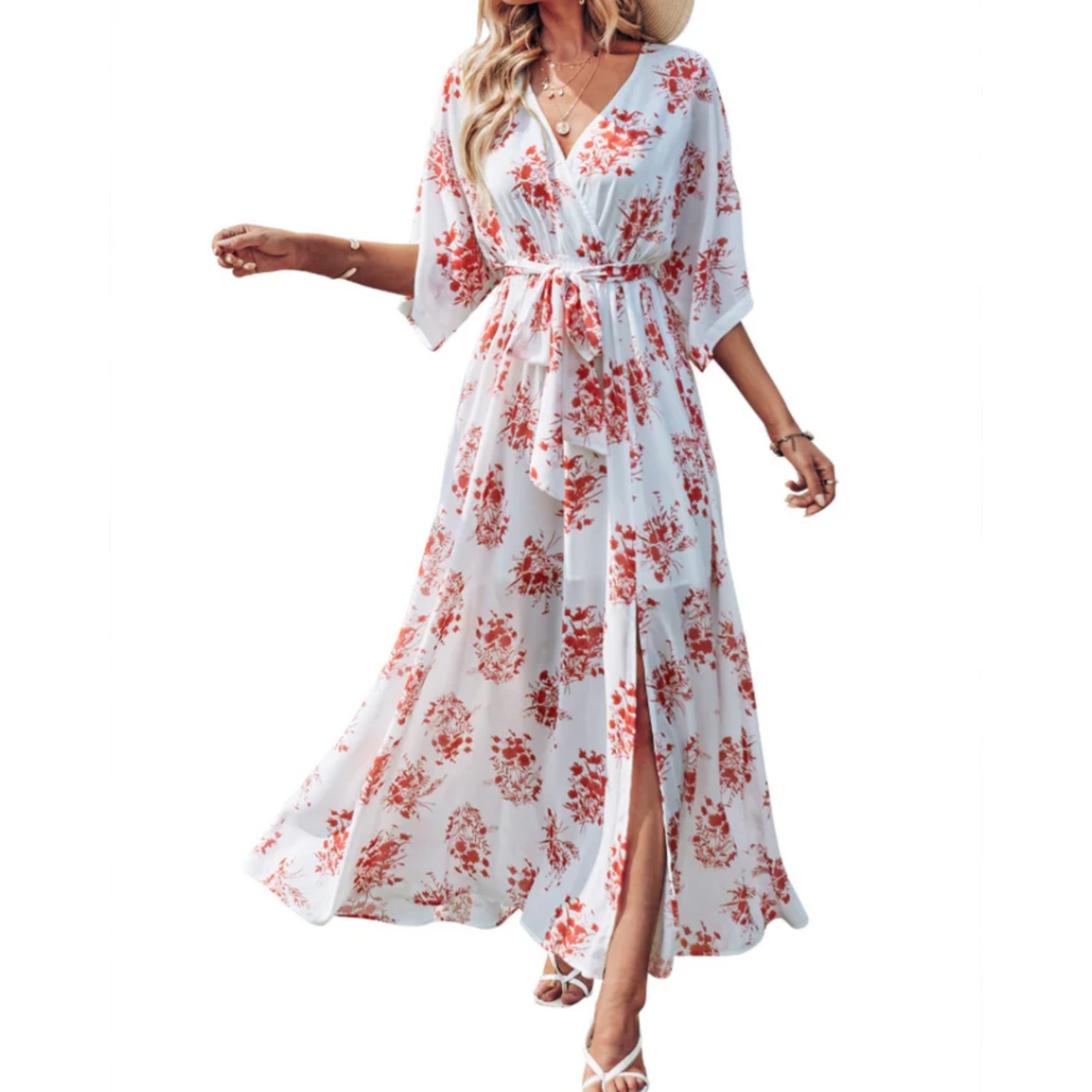 Maxi kimono kjole med blomster — boheme stil — sommerferie