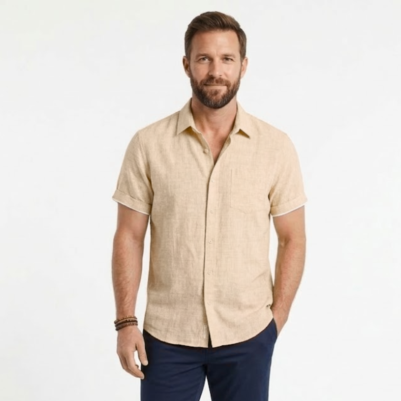 Chemise en Coton et Lin à Manches Courtes avec Col Rabattu pour Homme