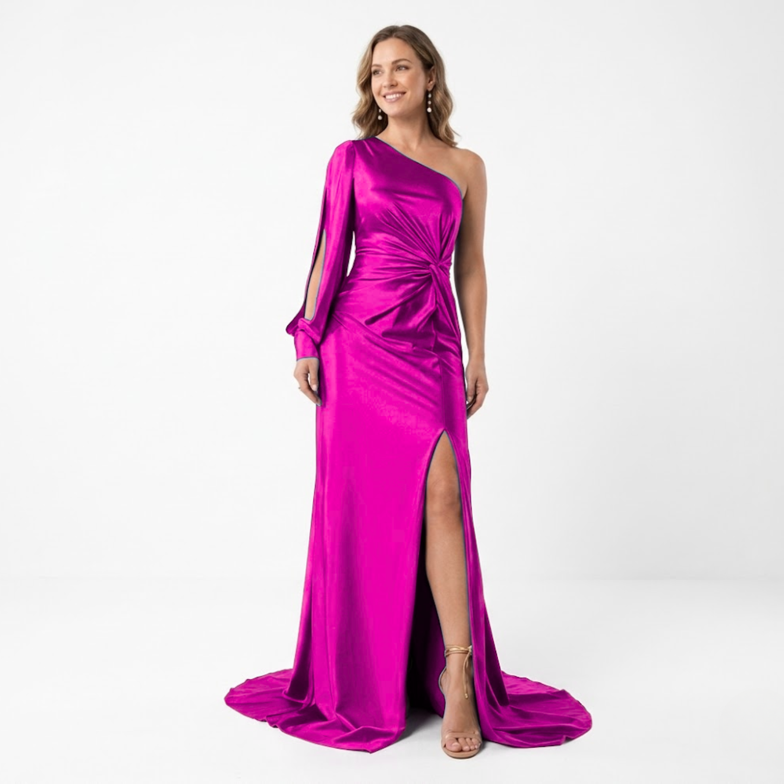 Női aszimmetrikus hosszú estélyi ruha hosszú ujjakkal, hasítékkal és nyitott háttal