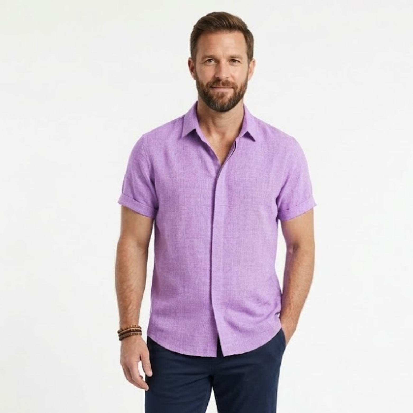 Chemise en Coton et Lin à Manches Courtes avec Col Rabattu pour Homme