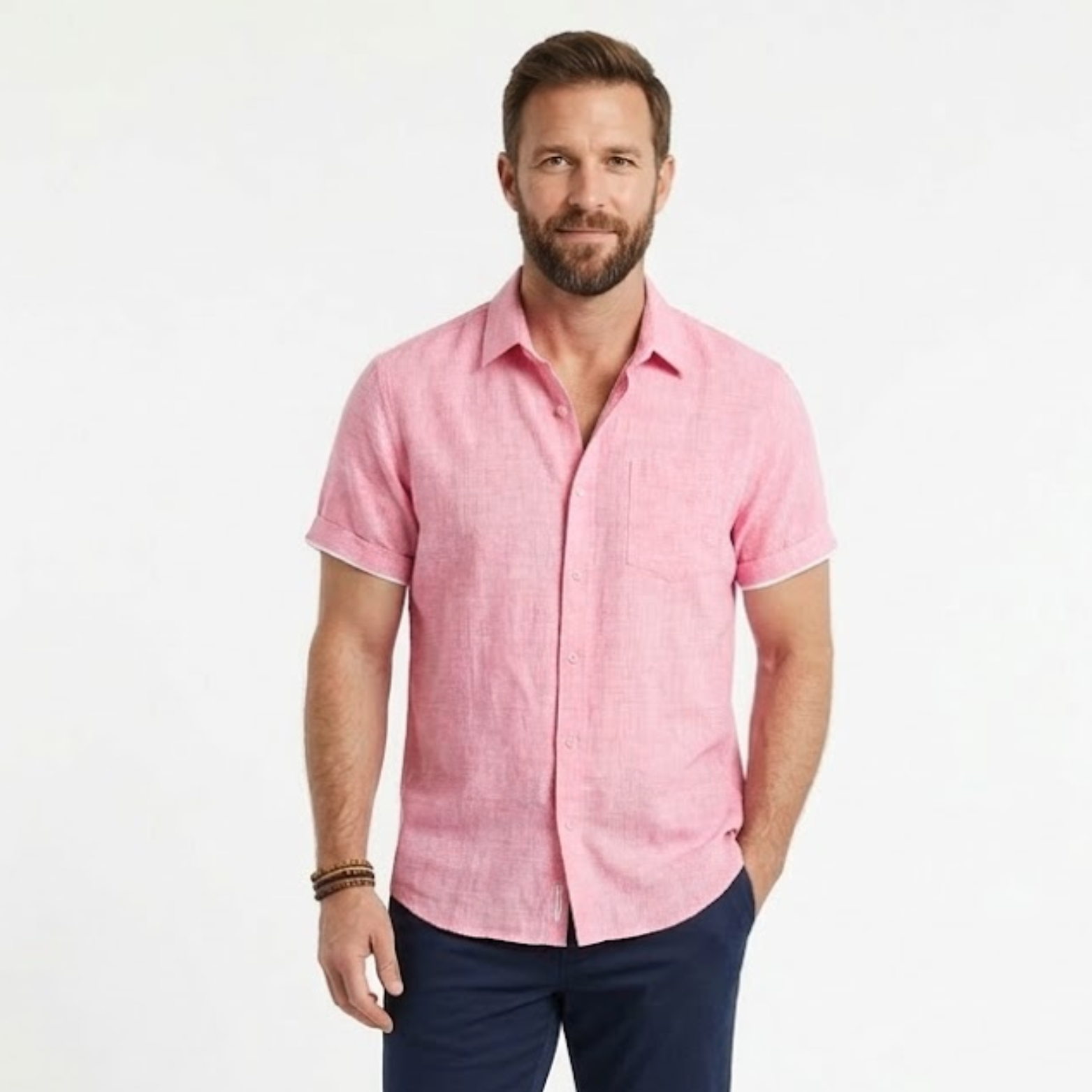 Chemise en Coton et Lin à Manches Courtes avec Col Rabattu pour Homme