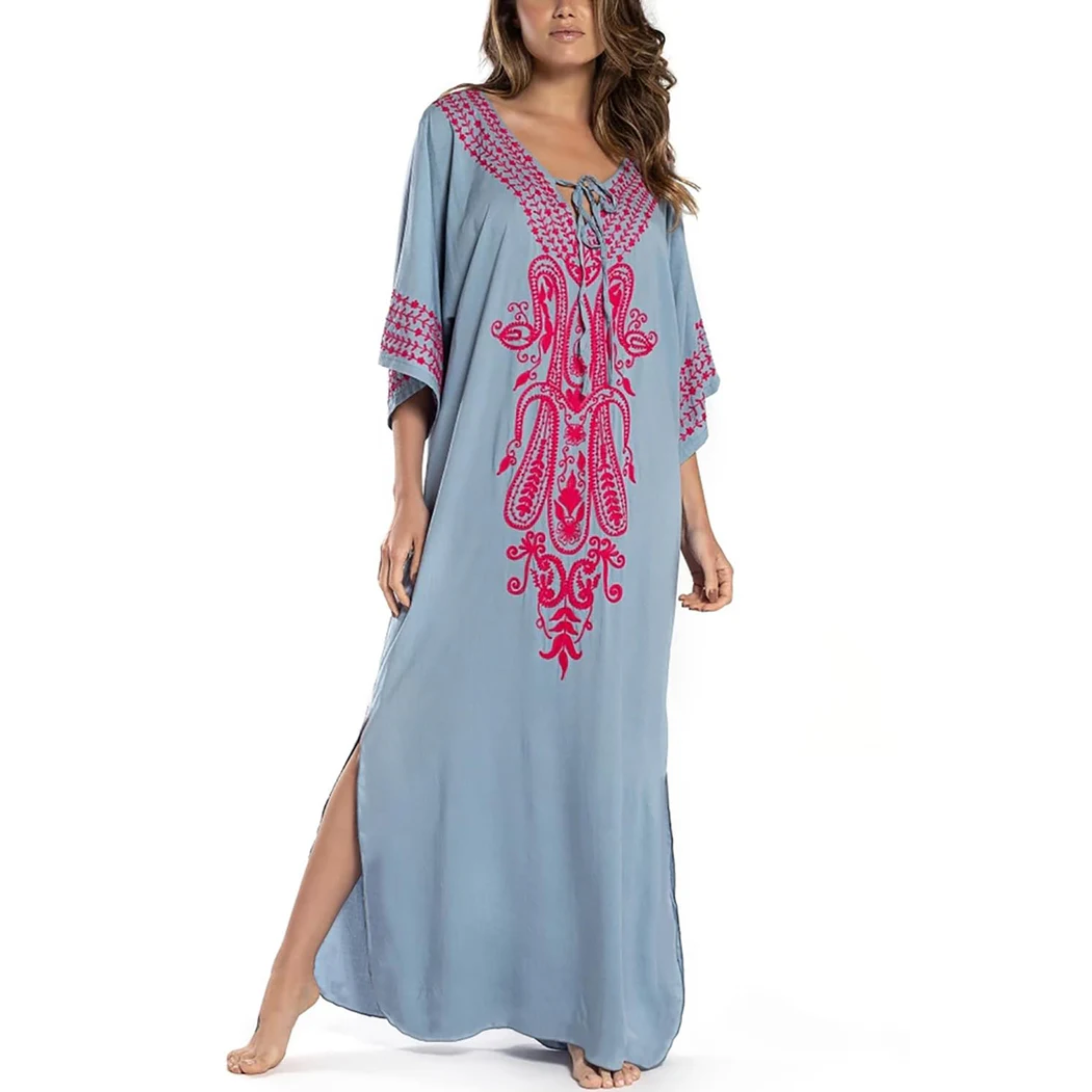 Bata kimono de playa larga — corte amplio — vacaciones de verano