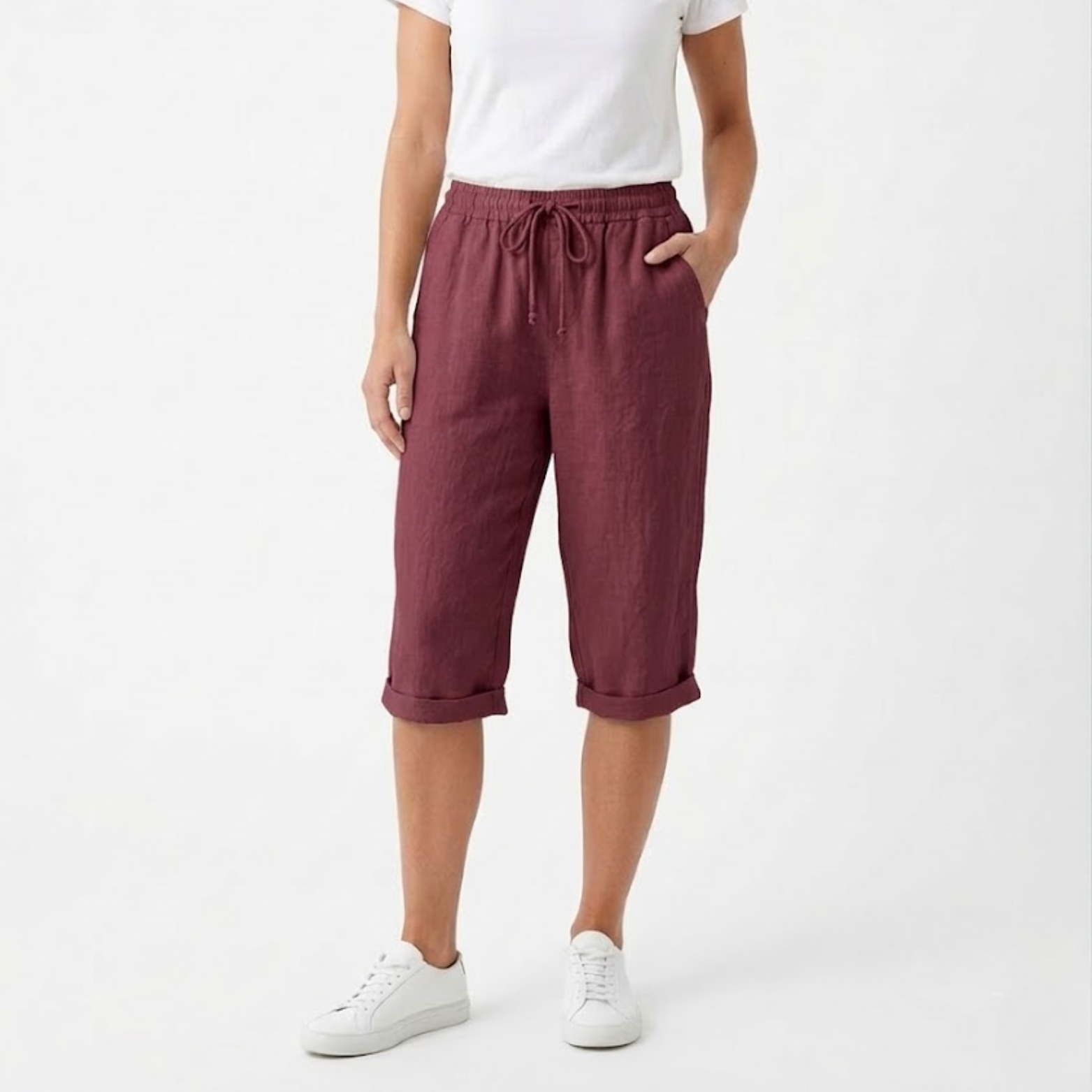 Pantaloni scurți din bumbac și in cu talie elastică și buzunare pentru femei