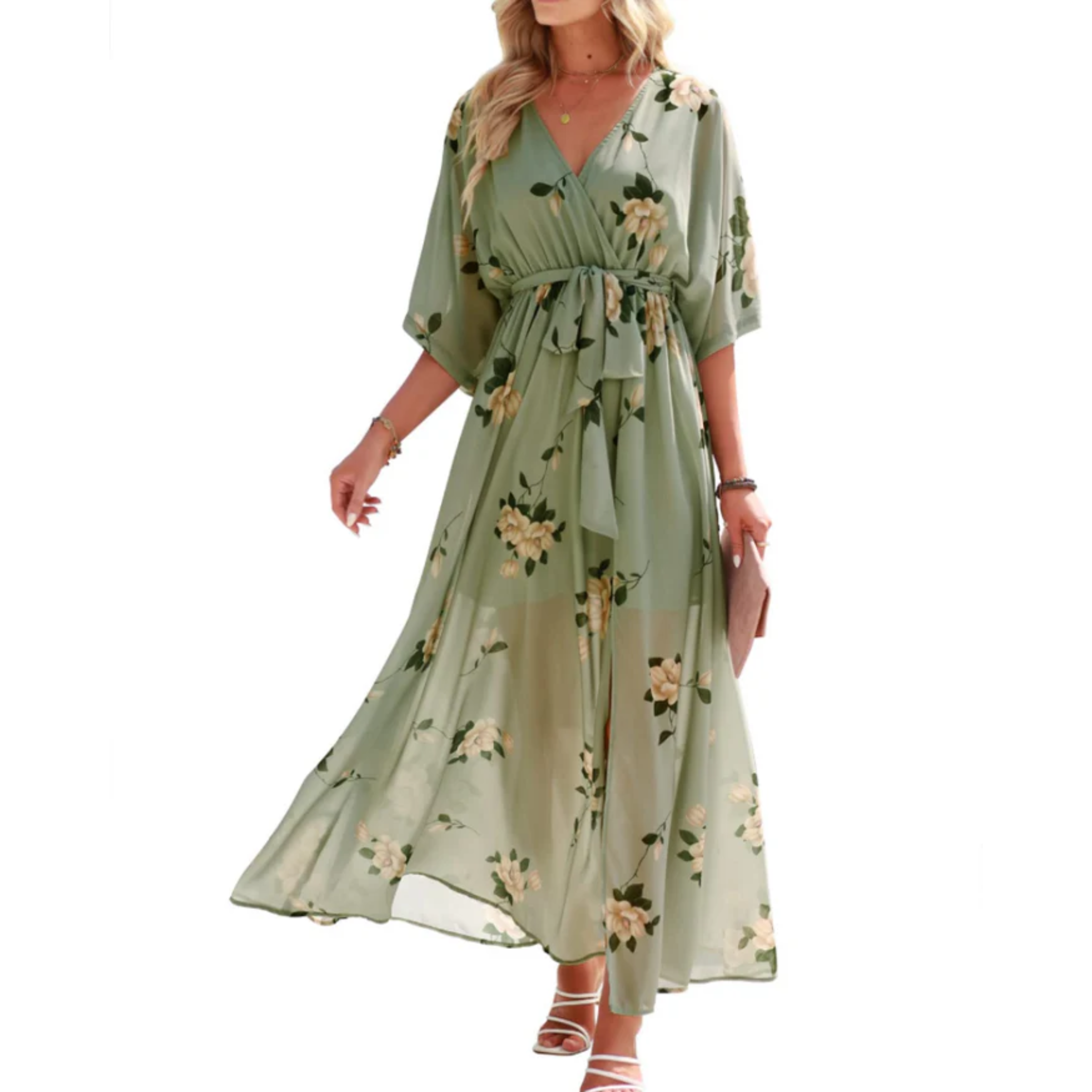 Maxi kimono kjole med blomster — boheme stil — sommerferie