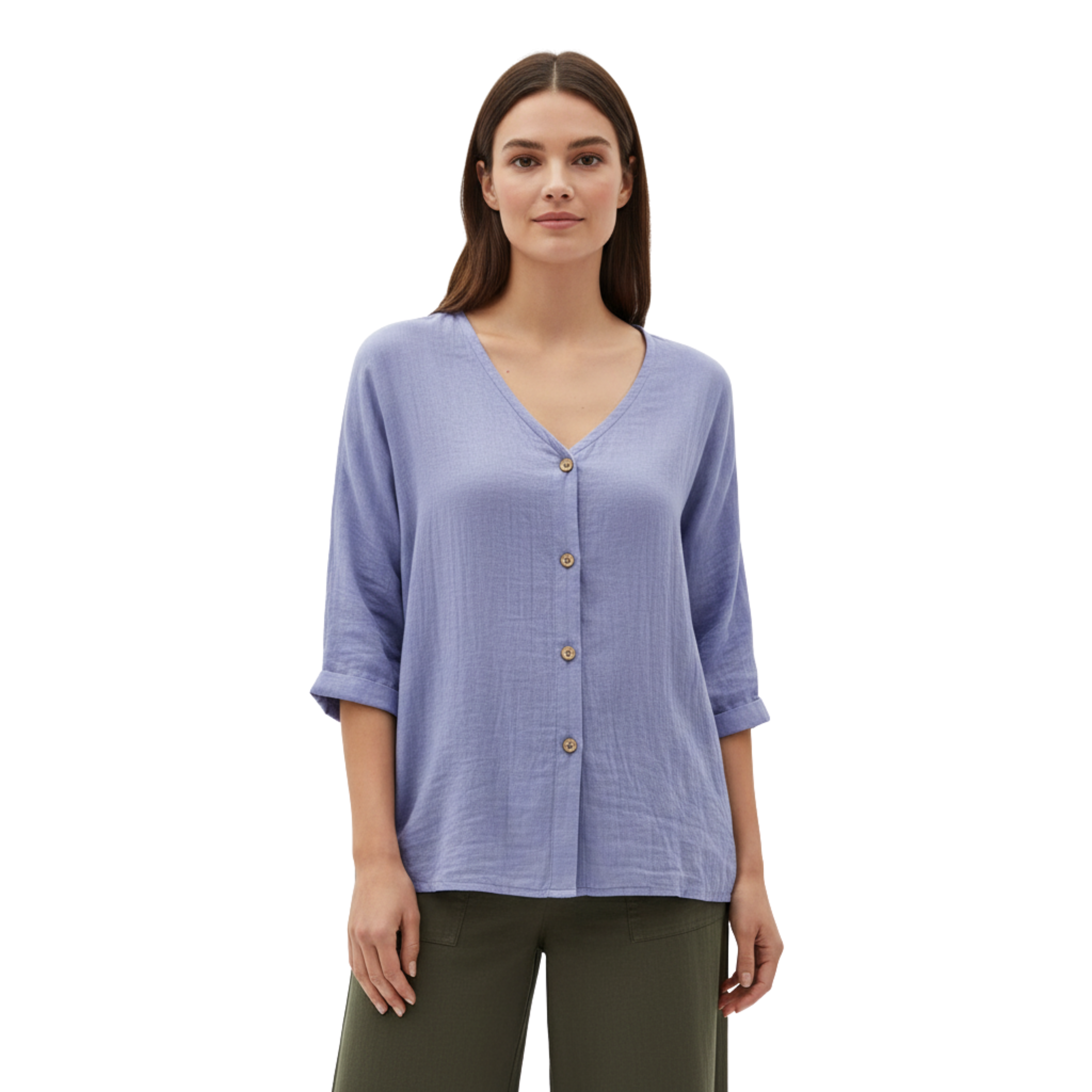 Női V-nyakú blúz gombokkal és 3/4-es ujjakkal, len- és pamutanyagból