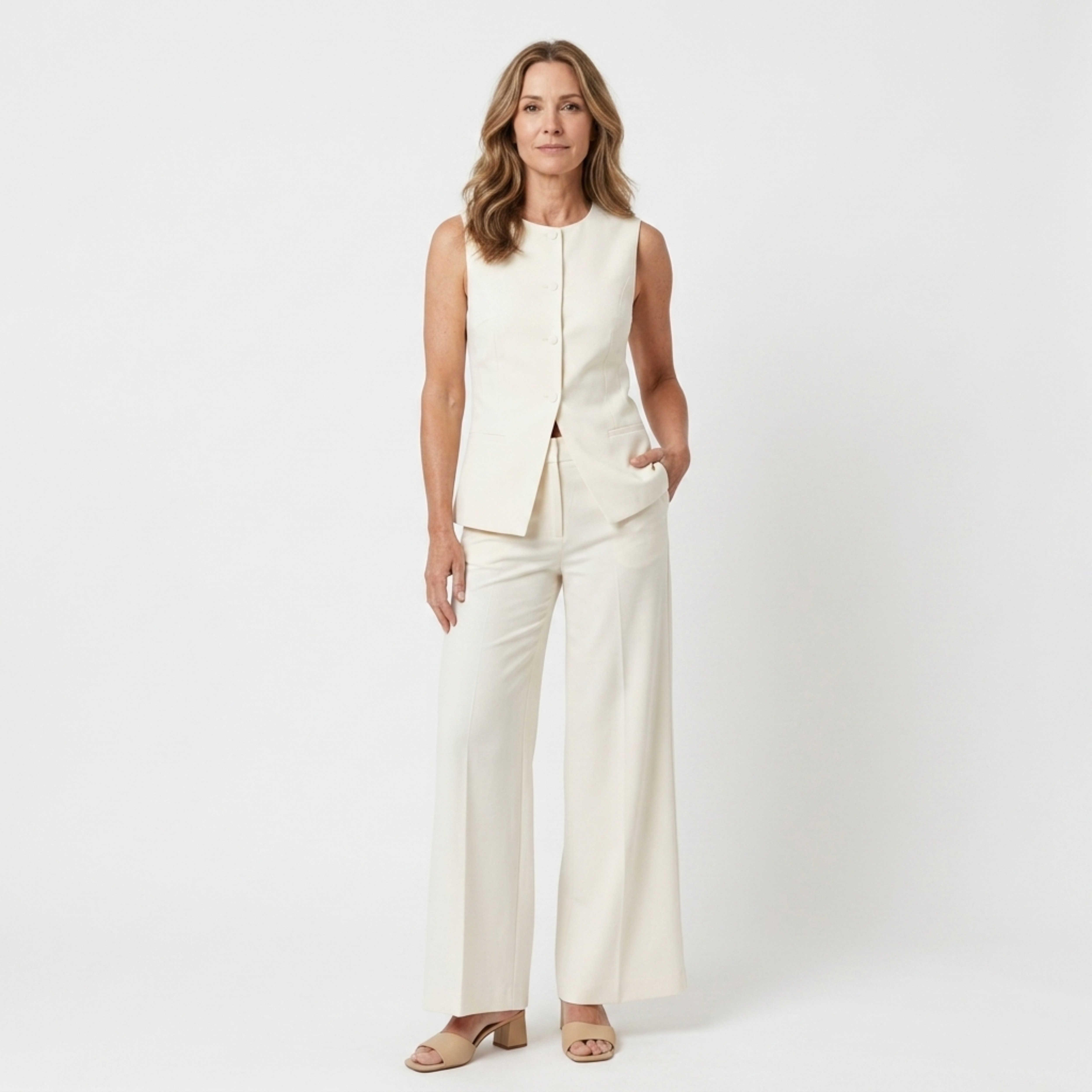 Conjunto feminino calças largas — top sem mangas estruturado — meia estação