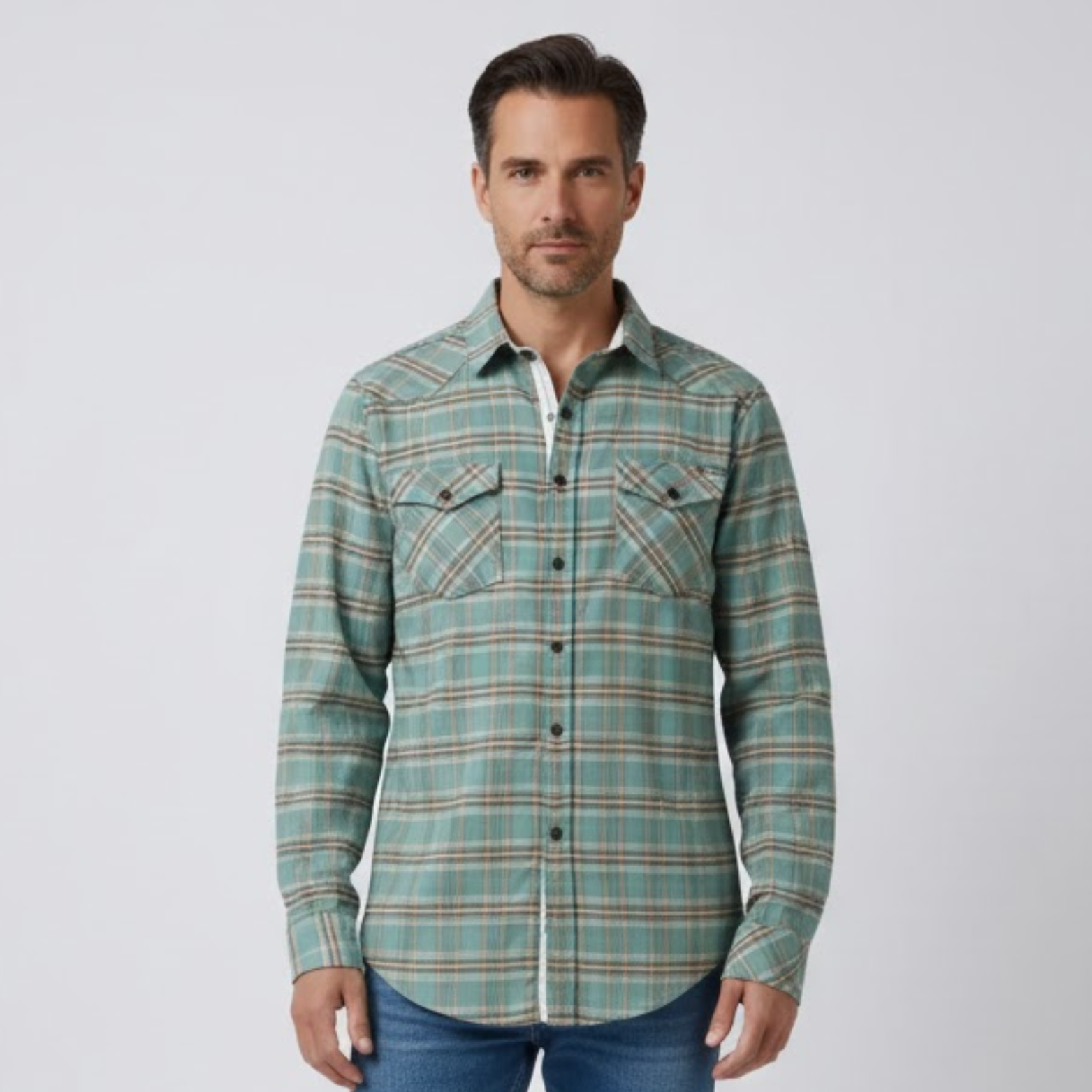 Férfi hosszú ujjú, kockás pamut flanel ing, klasszikus szabású