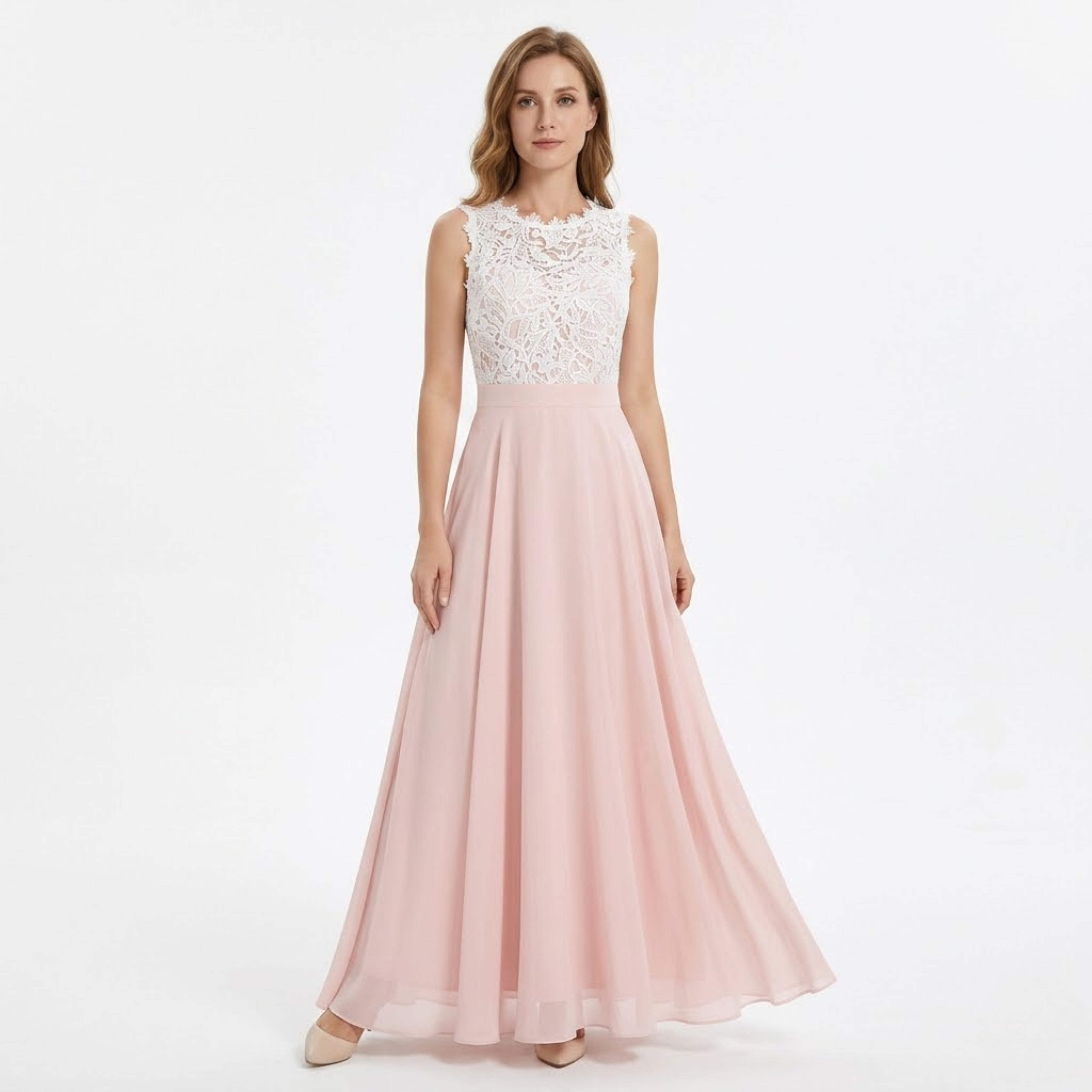 Robe Longue de Soirée Sans Manches en Dentelle et Mousseline avec Bustier Crocheté