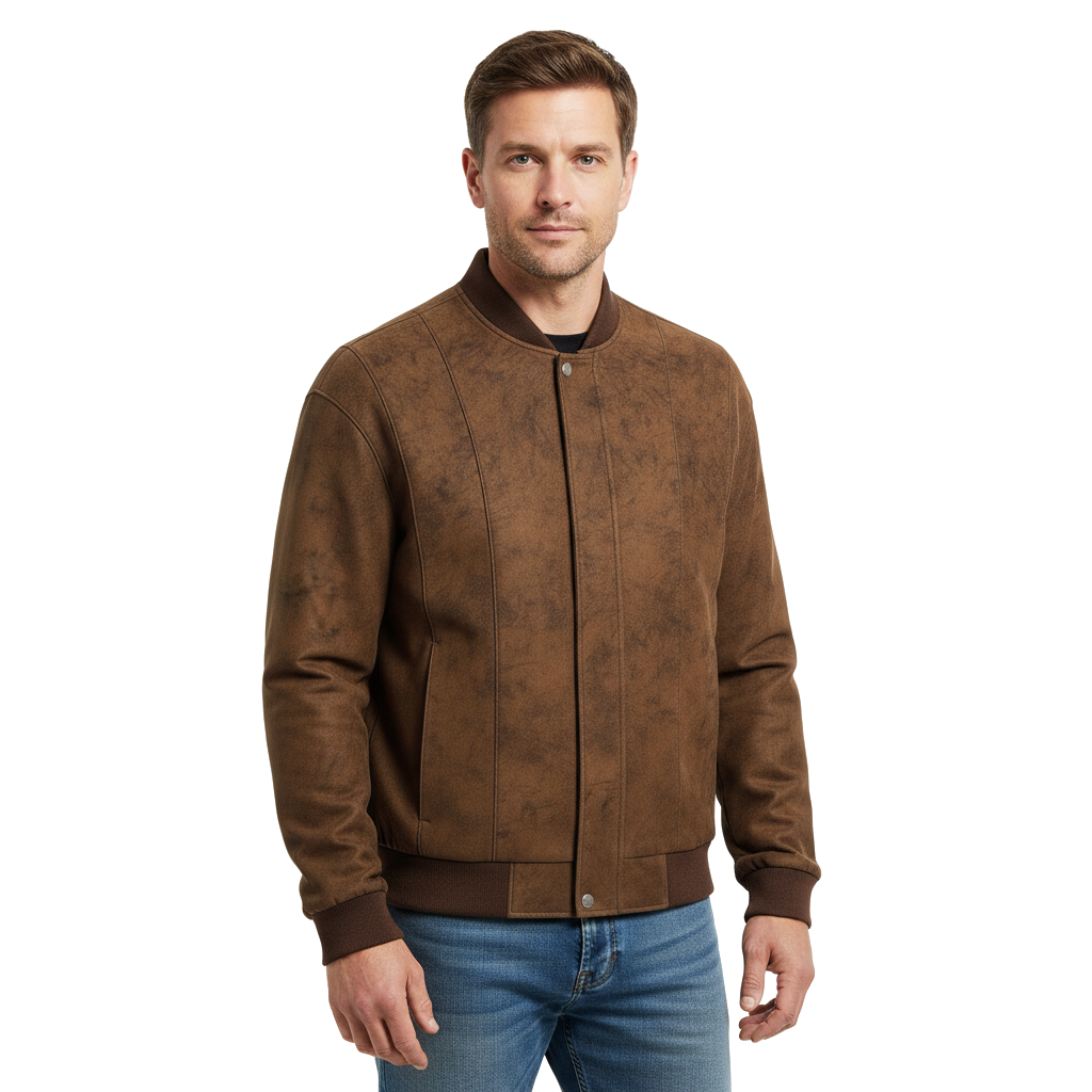 Férfi szarvasbőrhatású bomberdzseki baseball gallérral és cipzárral