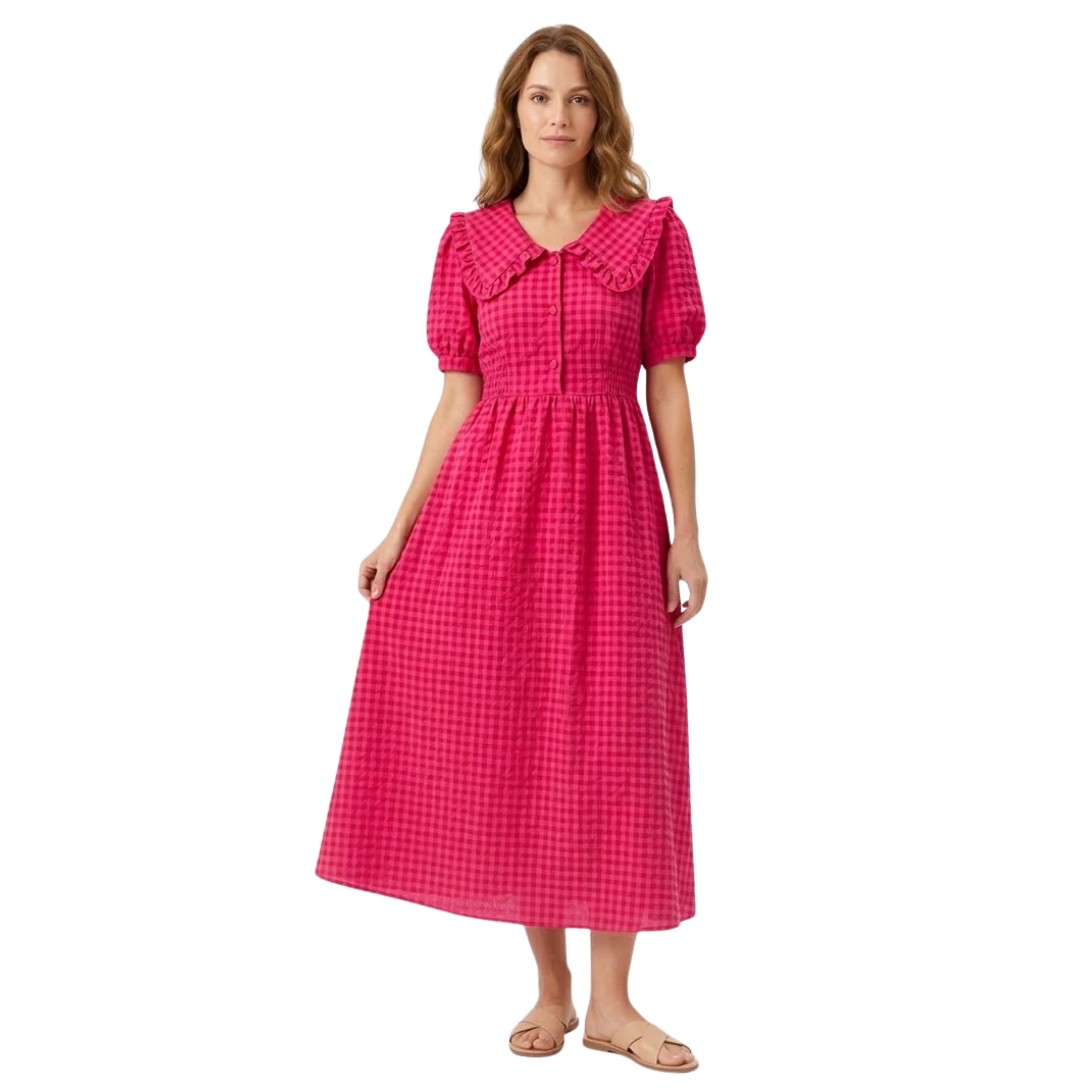 Női hosszú kockás ruha Claudine gallérral és fodros ujjakkal