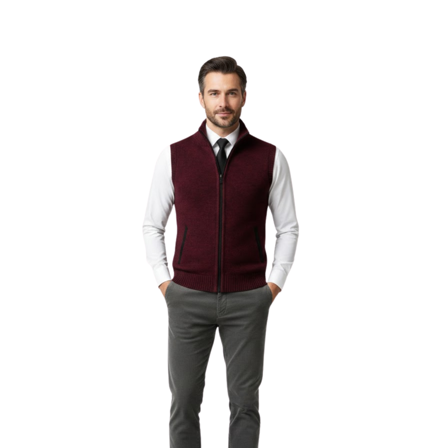 Ujjatlan kötött mellény cipzárral és álló gallérral