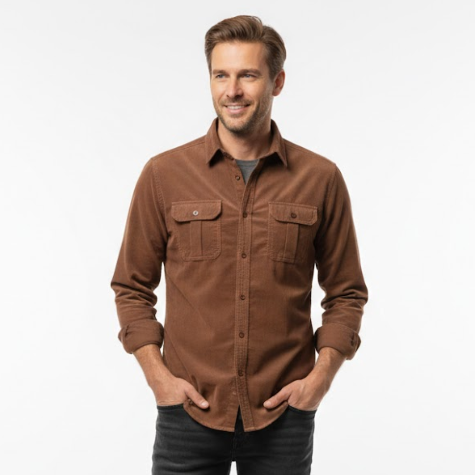 Férfi 100% pamut kordbársony ing, testhezálló szabás, mellzsebekkel