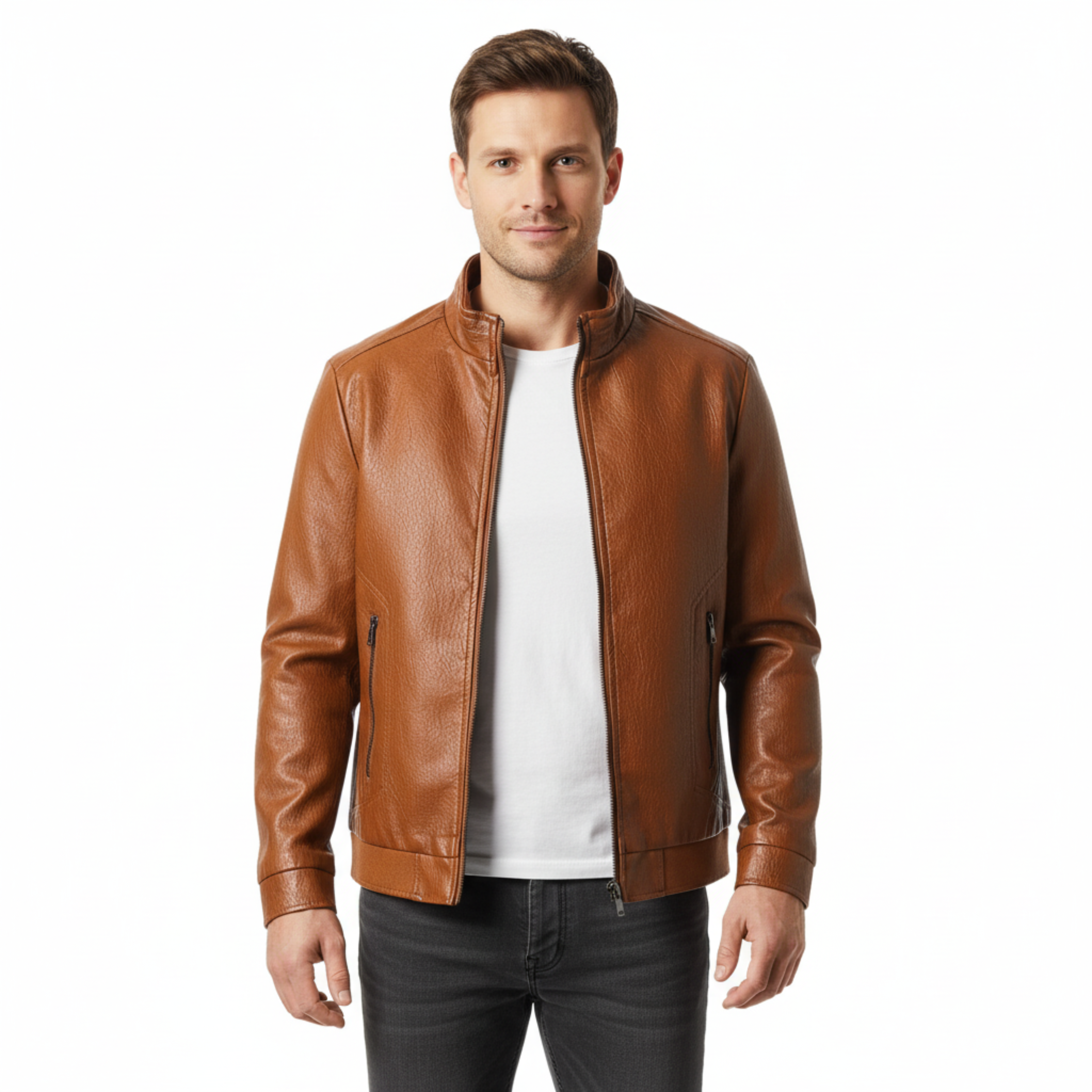 Pánská italská kožená bunda se zipem a žebrovanými manžetami