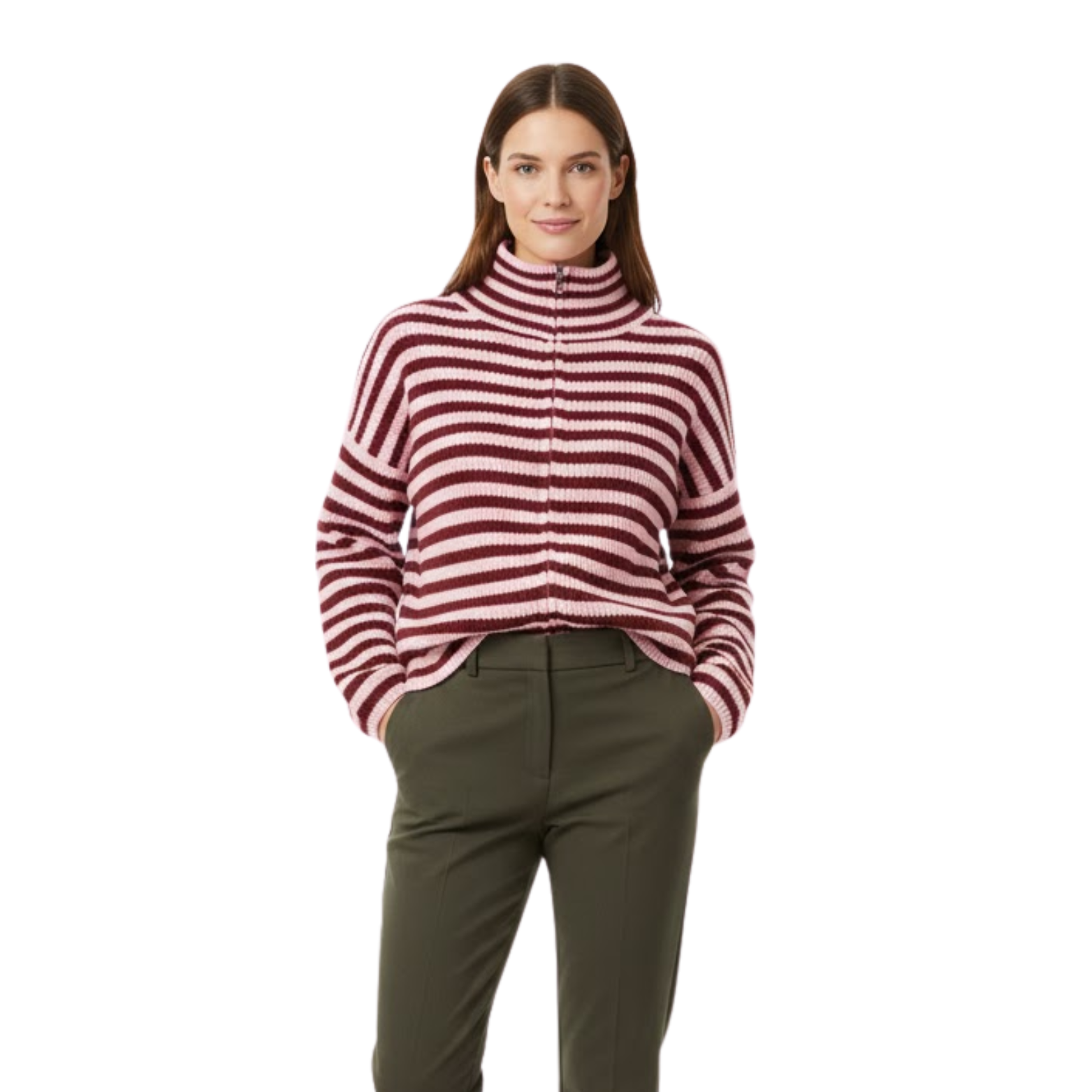 Casual turtleneck sweater, ribbed knit, long-sleeve zip-up cardigan for women