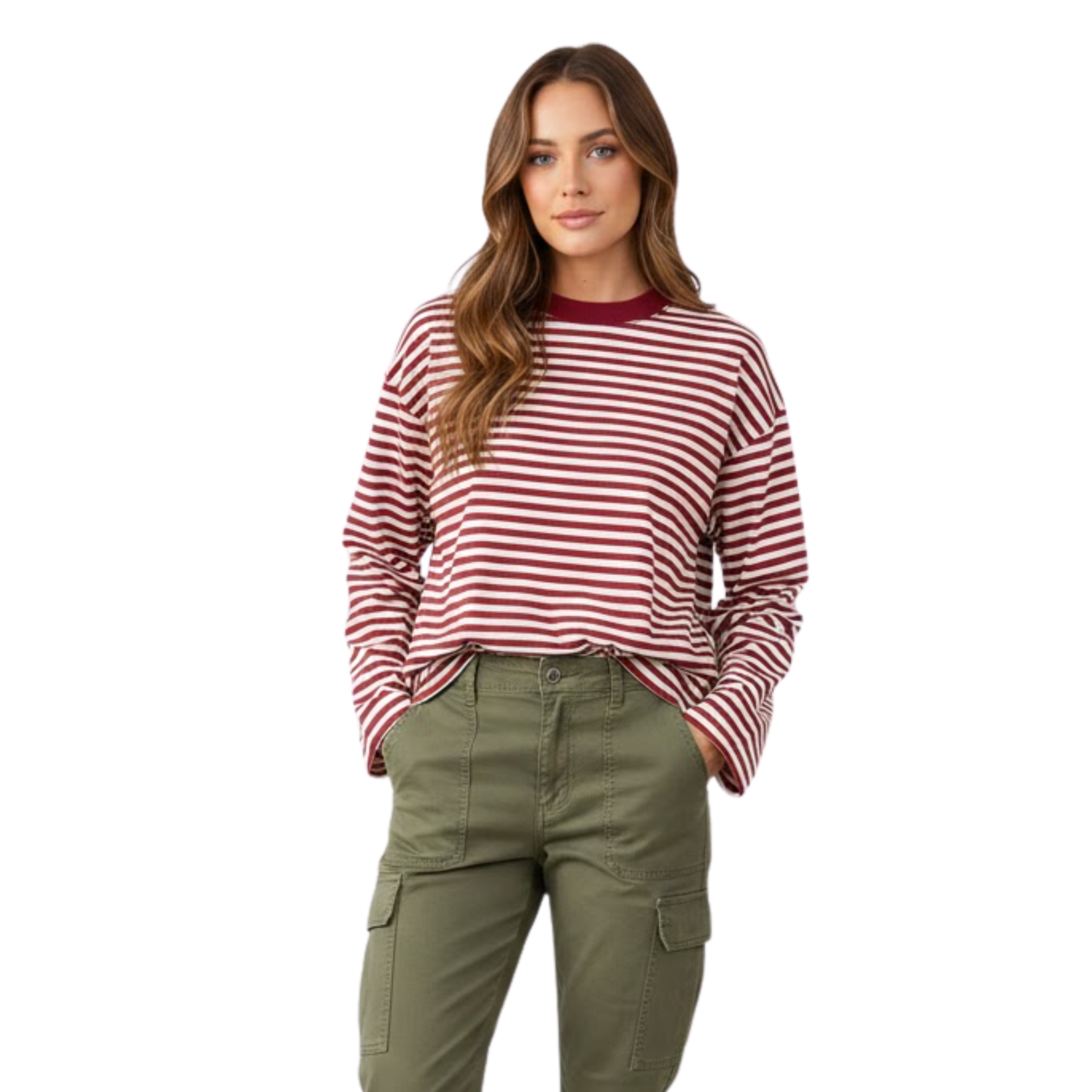 T-shirt a maniche lunghe a righe per donna, taglio ampio, collo rotondo e stile streetwear vintage