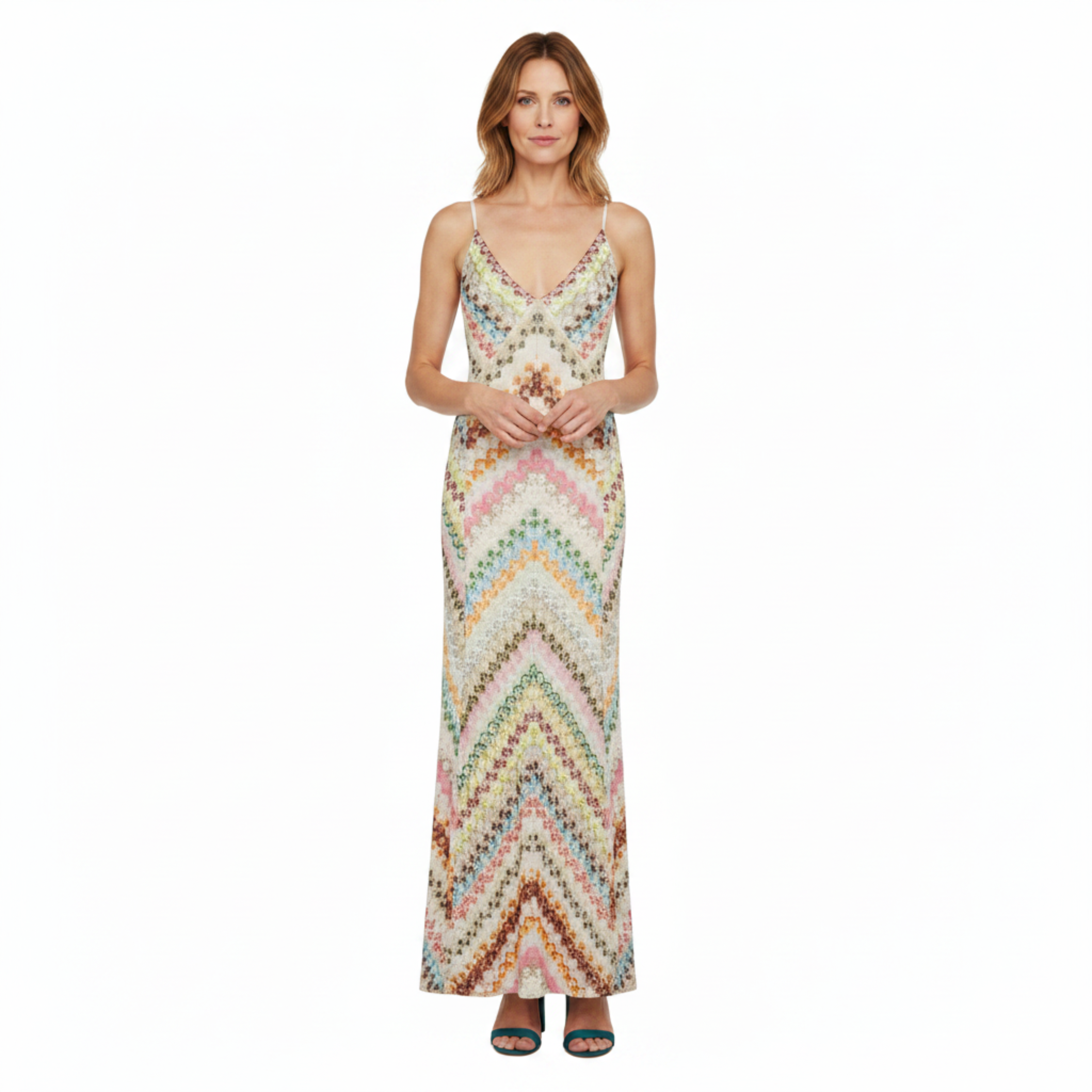 Abito Maxi in Maglia a Motivo Chevron con Scollo a V e Spalline Sottili