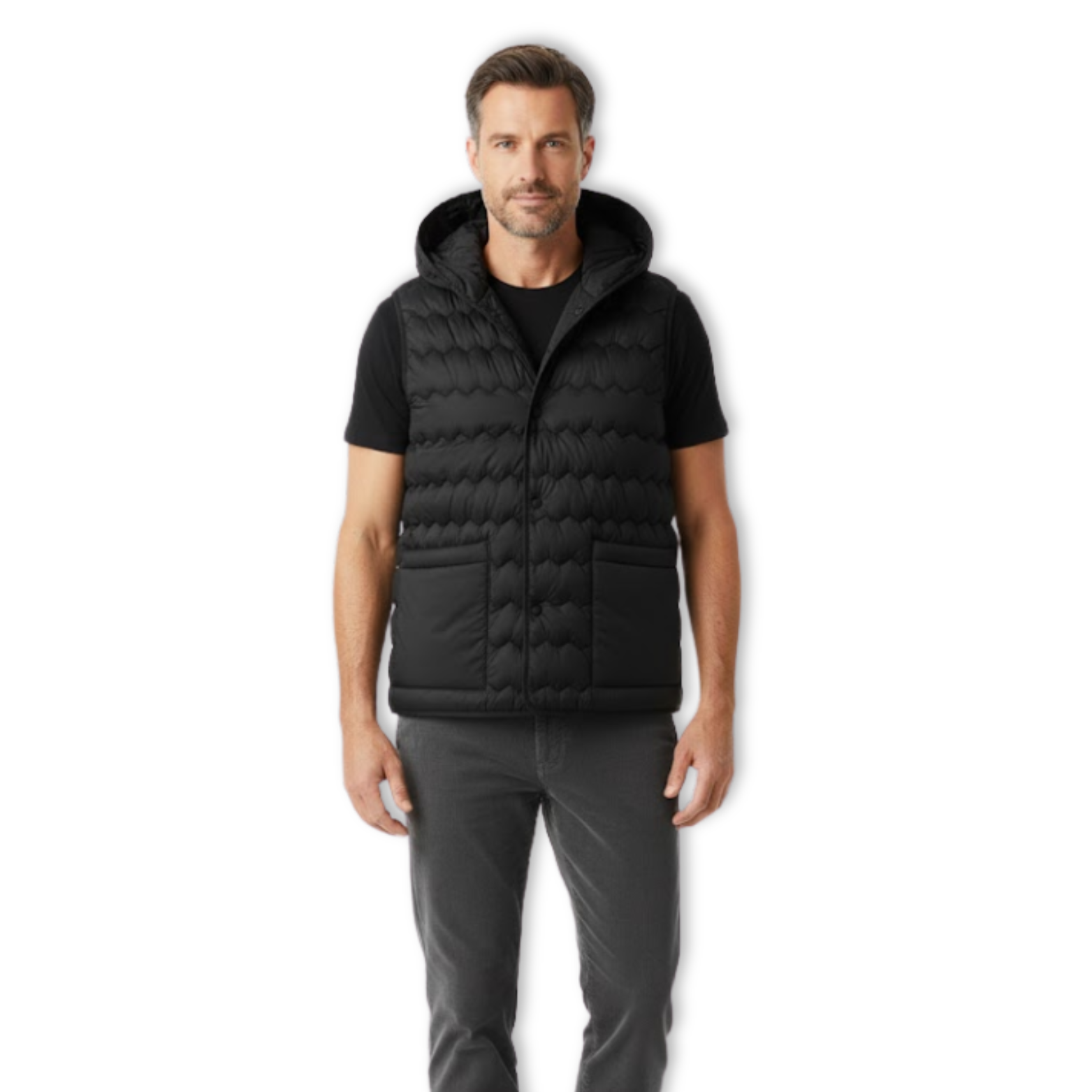 Könnyű, ujjatlan, bélelt mellény álló gallérral