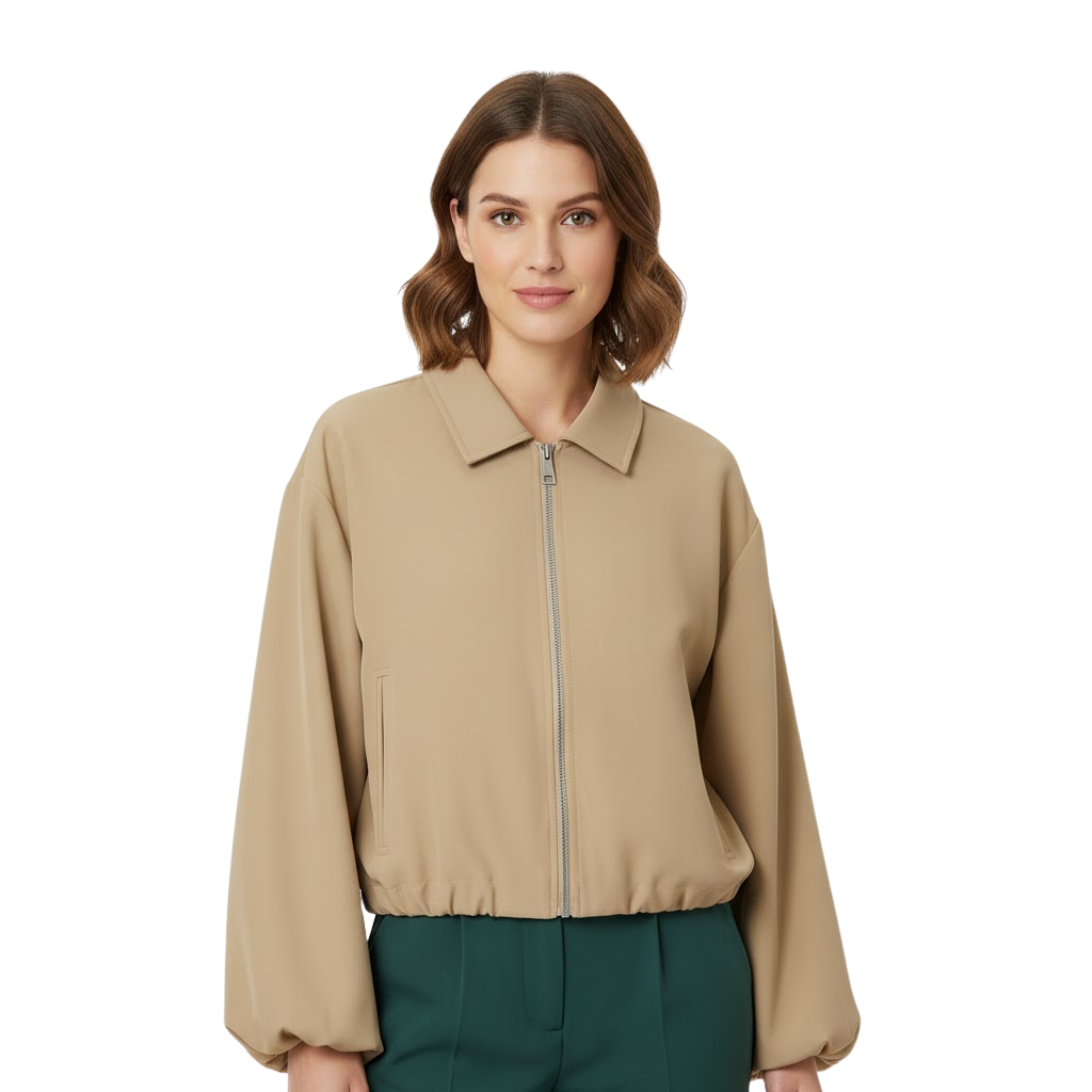 Veste Bomber Courte à Fermeture Éclair avec Col et Poignets Côtelés pour Femme