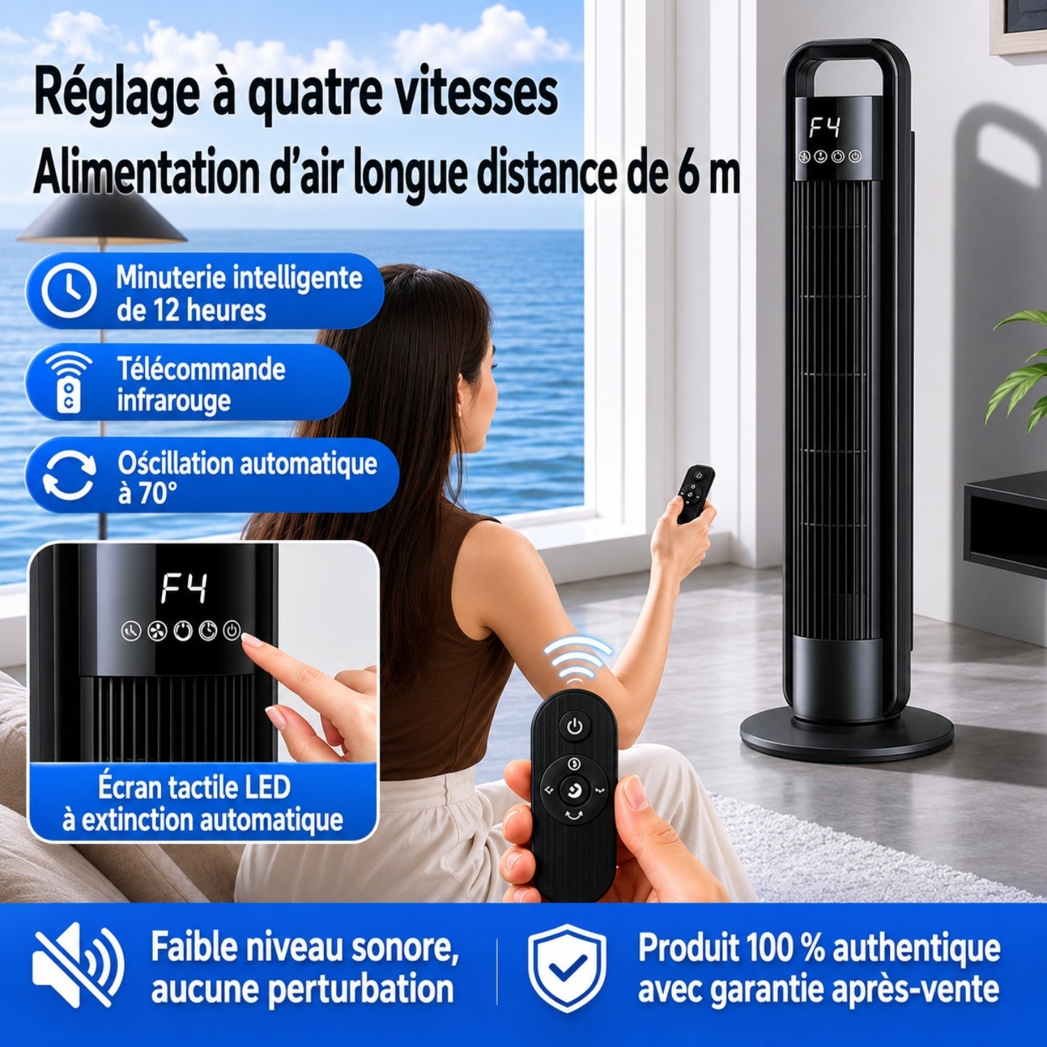 Ventilador de columna con control remoto, oscilación y 4 velocidades