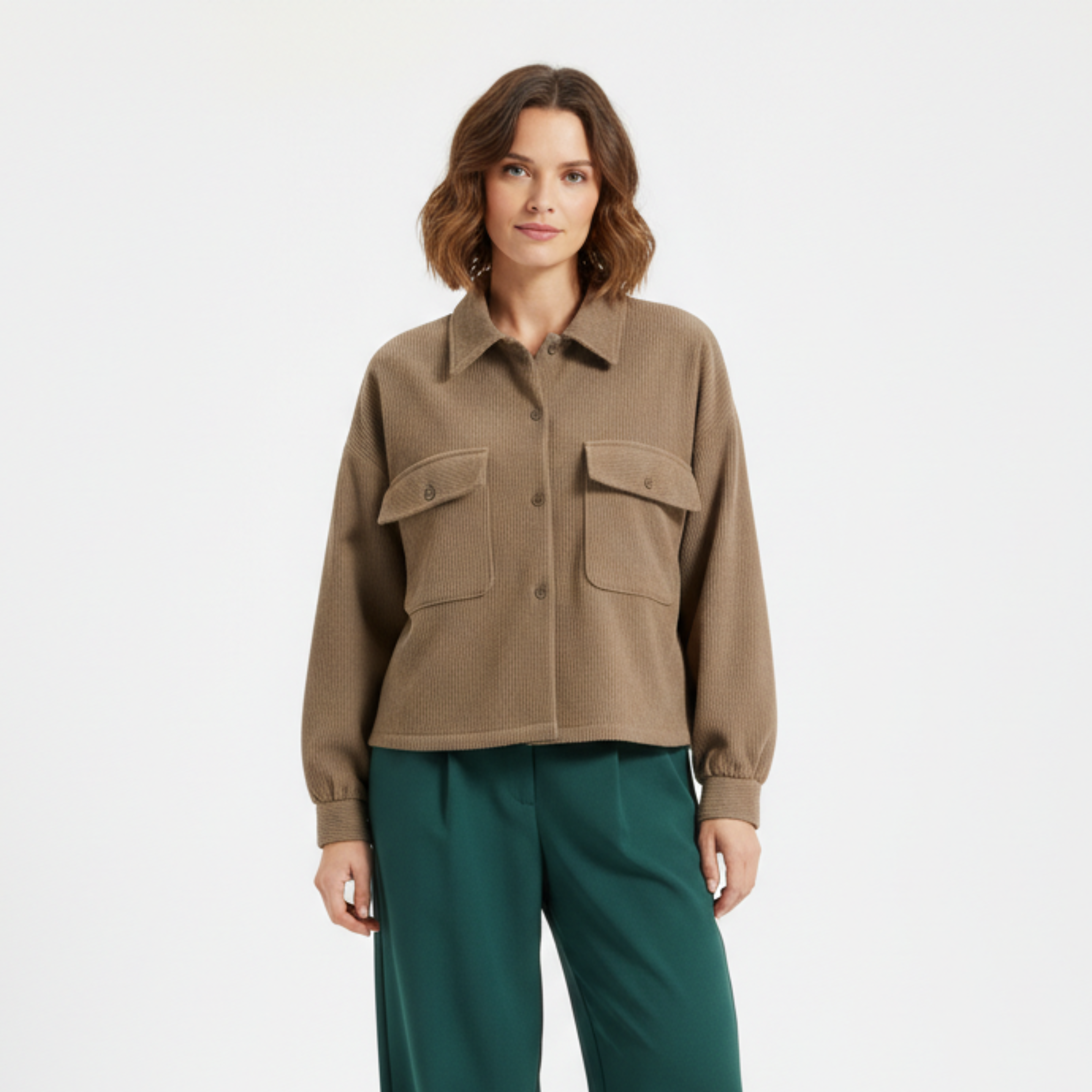 Veste Chemise en Velours Côtelé à Manches Longues et Boutonnage Simple pour Femme